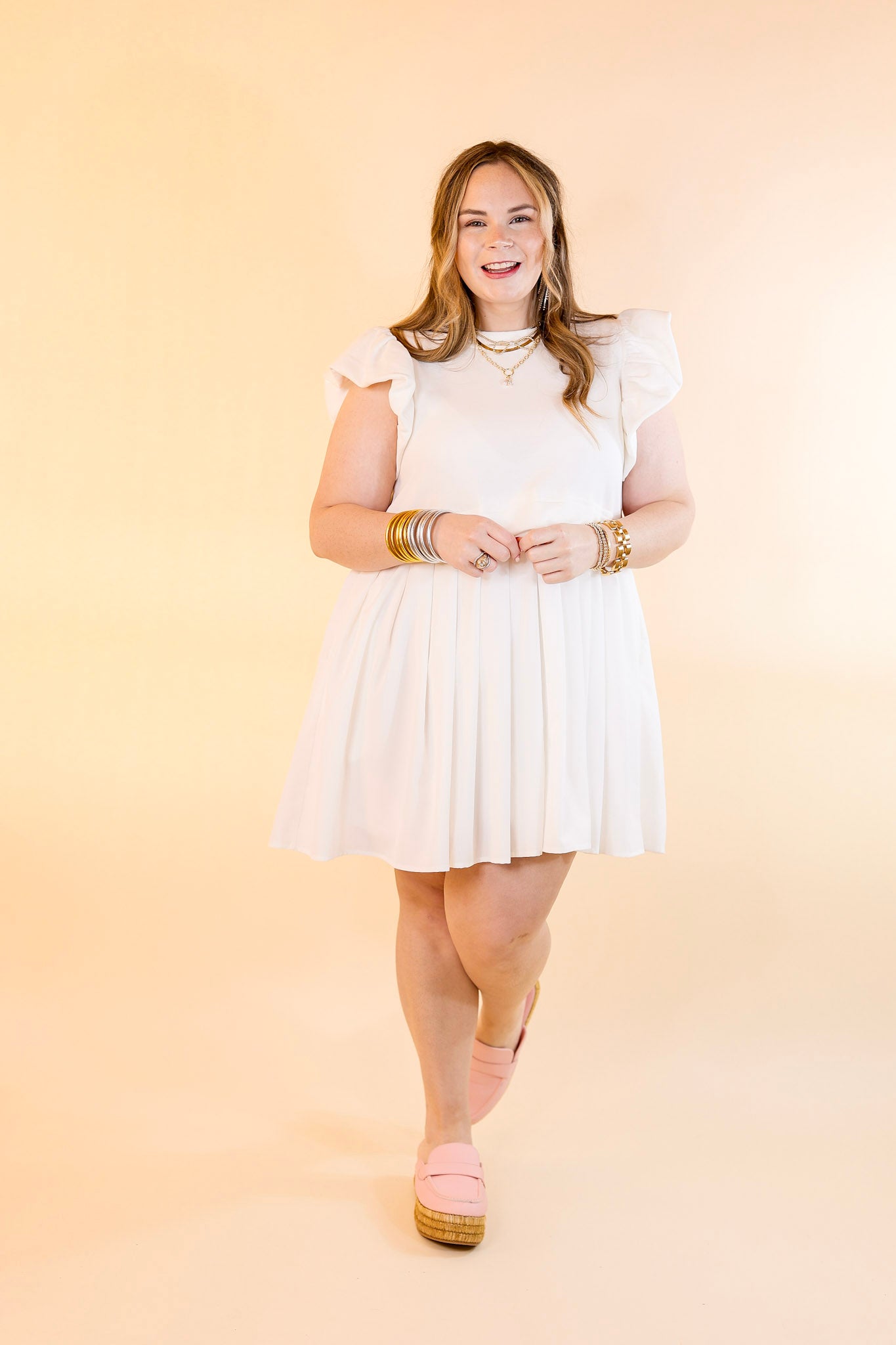 Simple Sophistication Solid Color Dress with Ruffle Cap Sleeves in Off White - Giddy Up Glamour Boutique