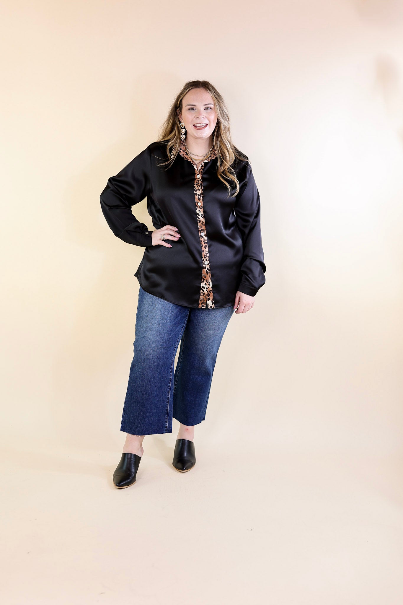 Sugar On Top Long Sleeve Button Up Satin Top with Leopard Print Trim in Black