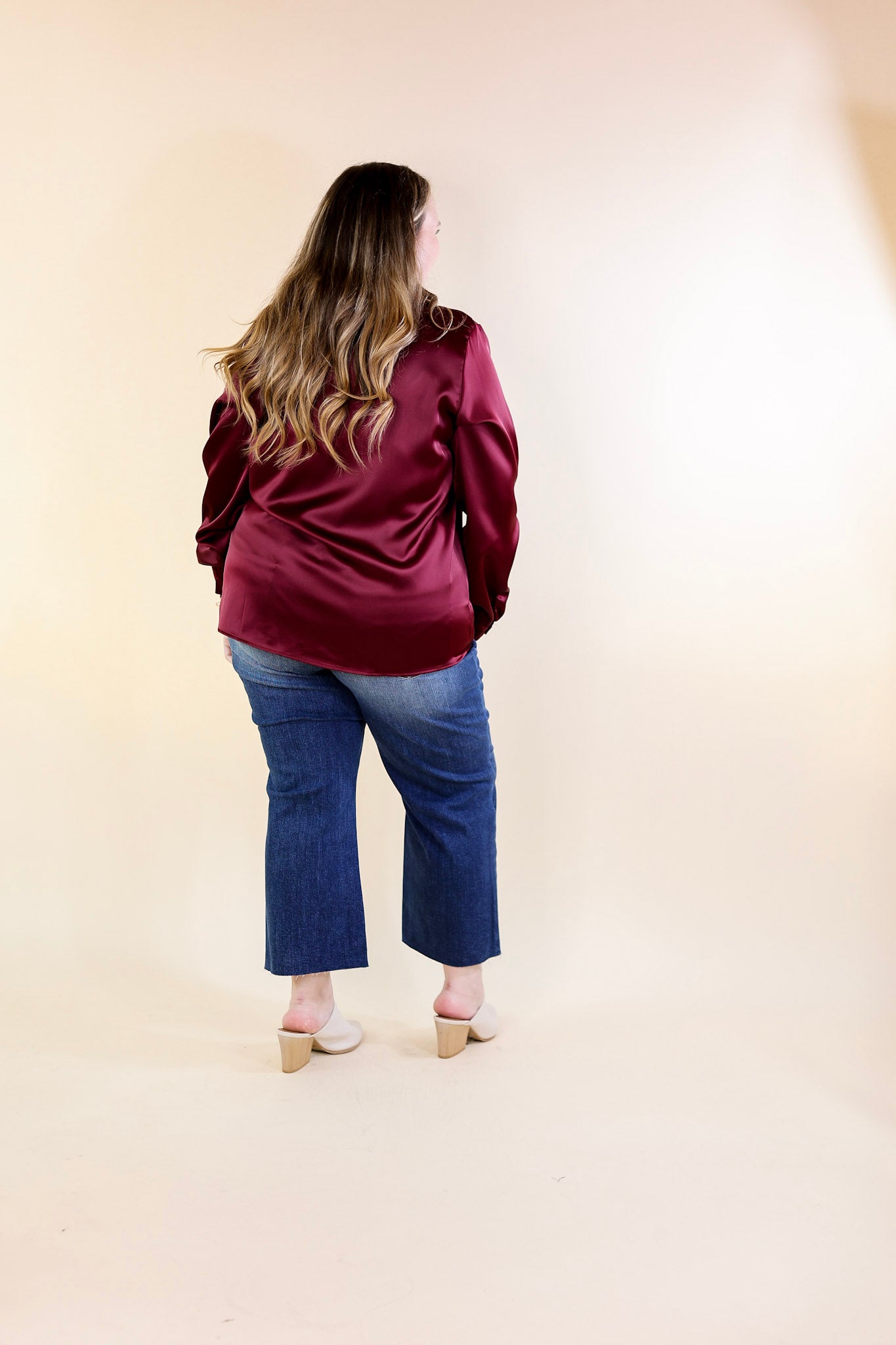 Sugar On Top Long Sleeve Button Up Satin Top with Leopard Print Trim in Maroon