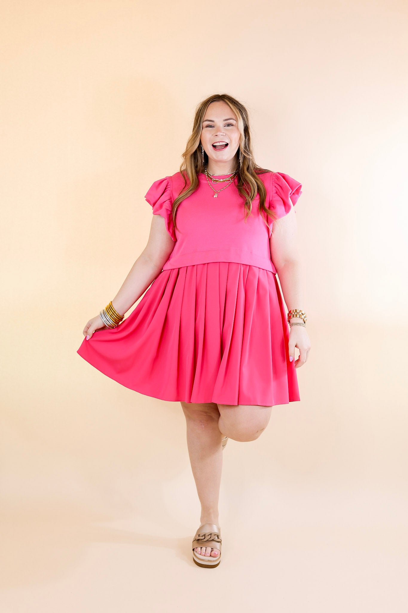 Simple Sophistication Solid Color Dress with Ruffle Cap Sleeves in Hot Pink - Giddy Up Glamour Boutique