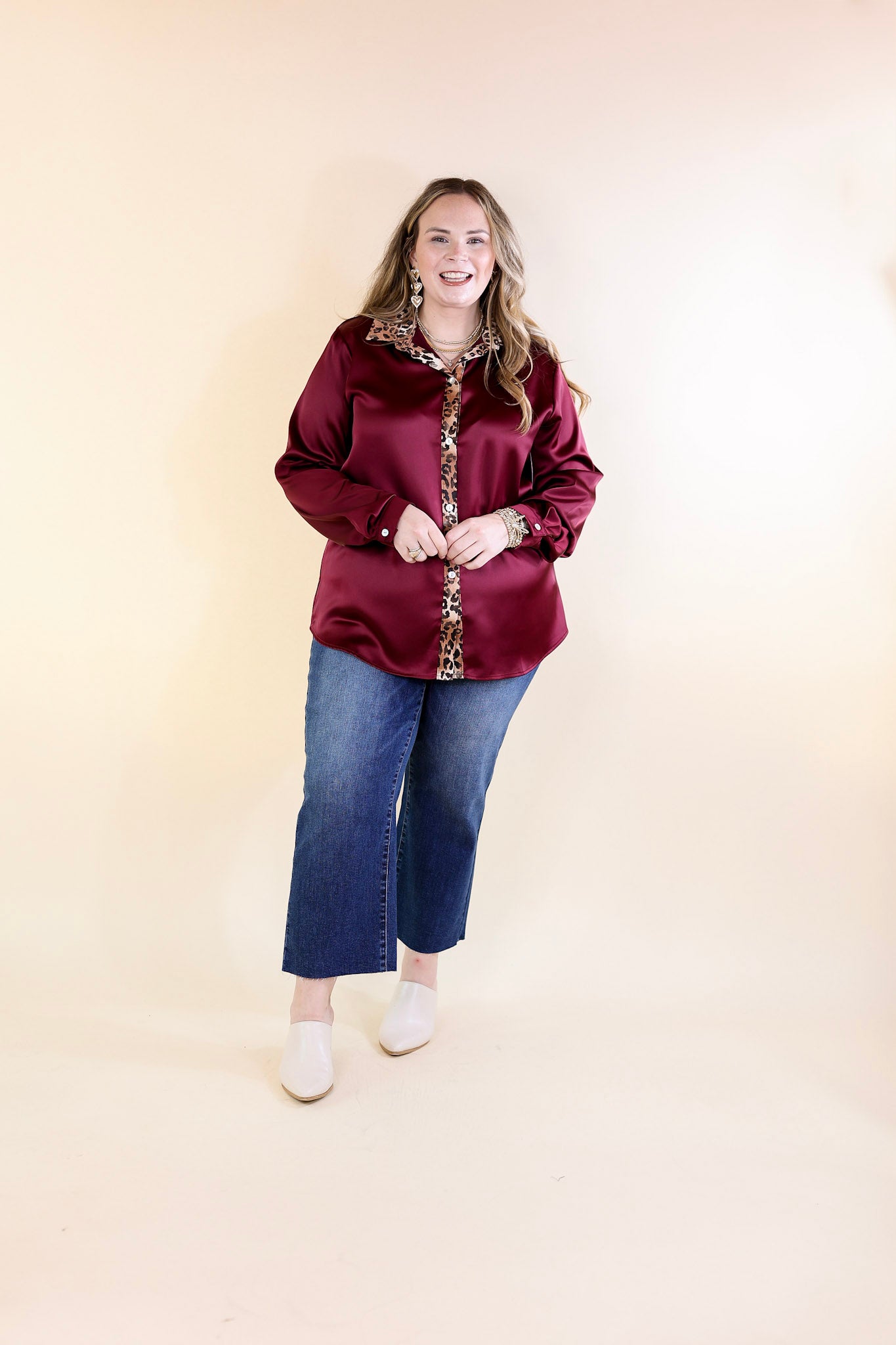 Sugar On Top Long Sleeve Button Up Satin Top with Leopard Print Trim in Maroon