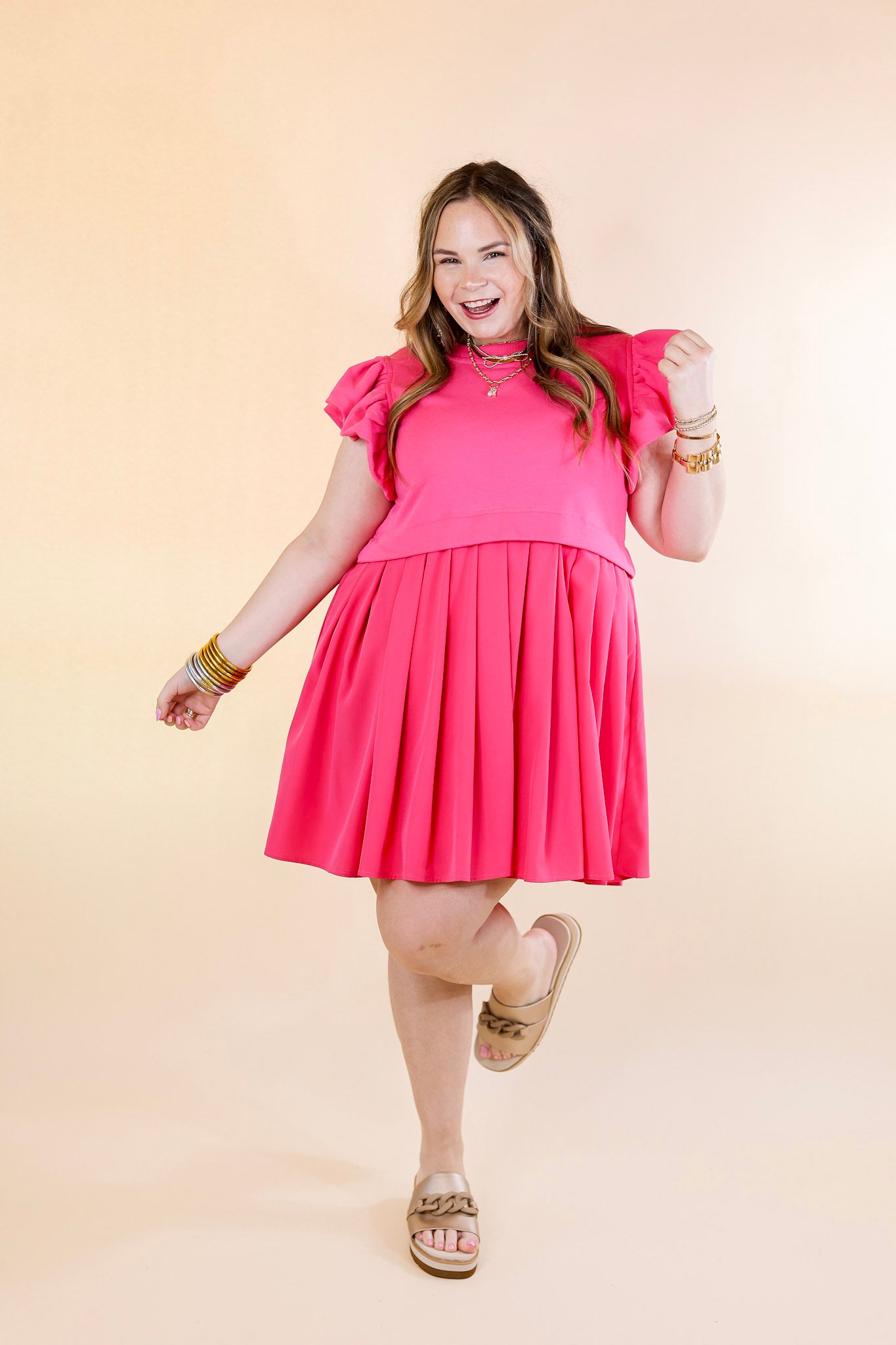 Simple Sophistication Solid Color Dress with Ruffle Cap Sleeves in Hot Pink - Giddy Up Glamour Boutique