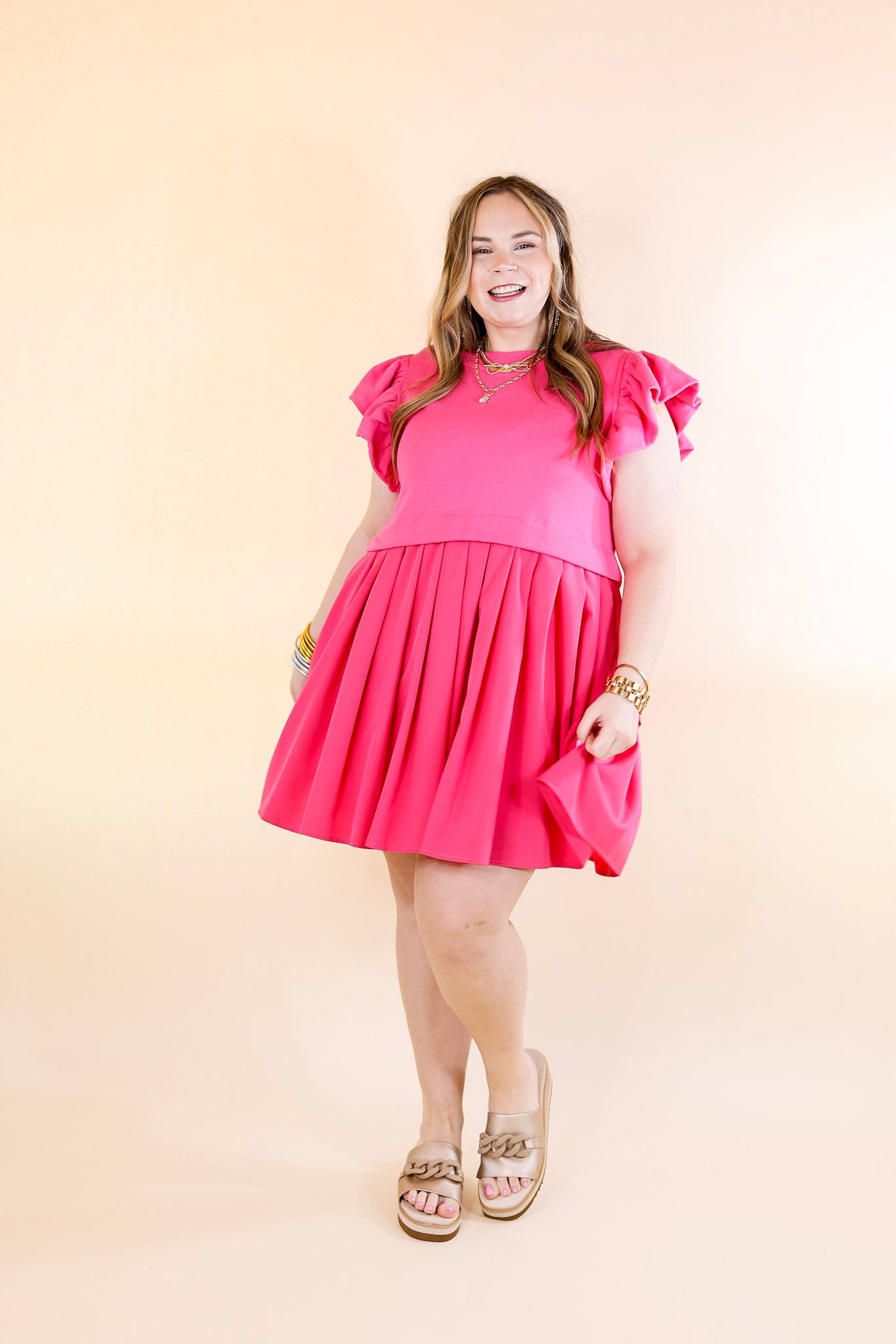 Simple Sophistication Solid Color Dress with Ruffle Cap Sleeves in Hot Pink - Giddy Up Glamour Boutique