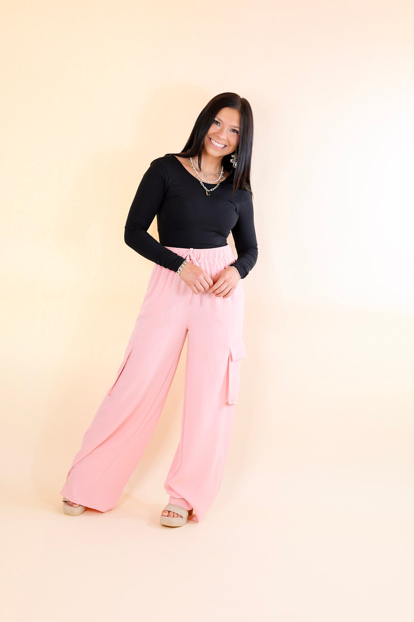 Sunday Stroll Wide Leg Cargo Pant in Baby Pink - Giddy Up Glamour Boutique