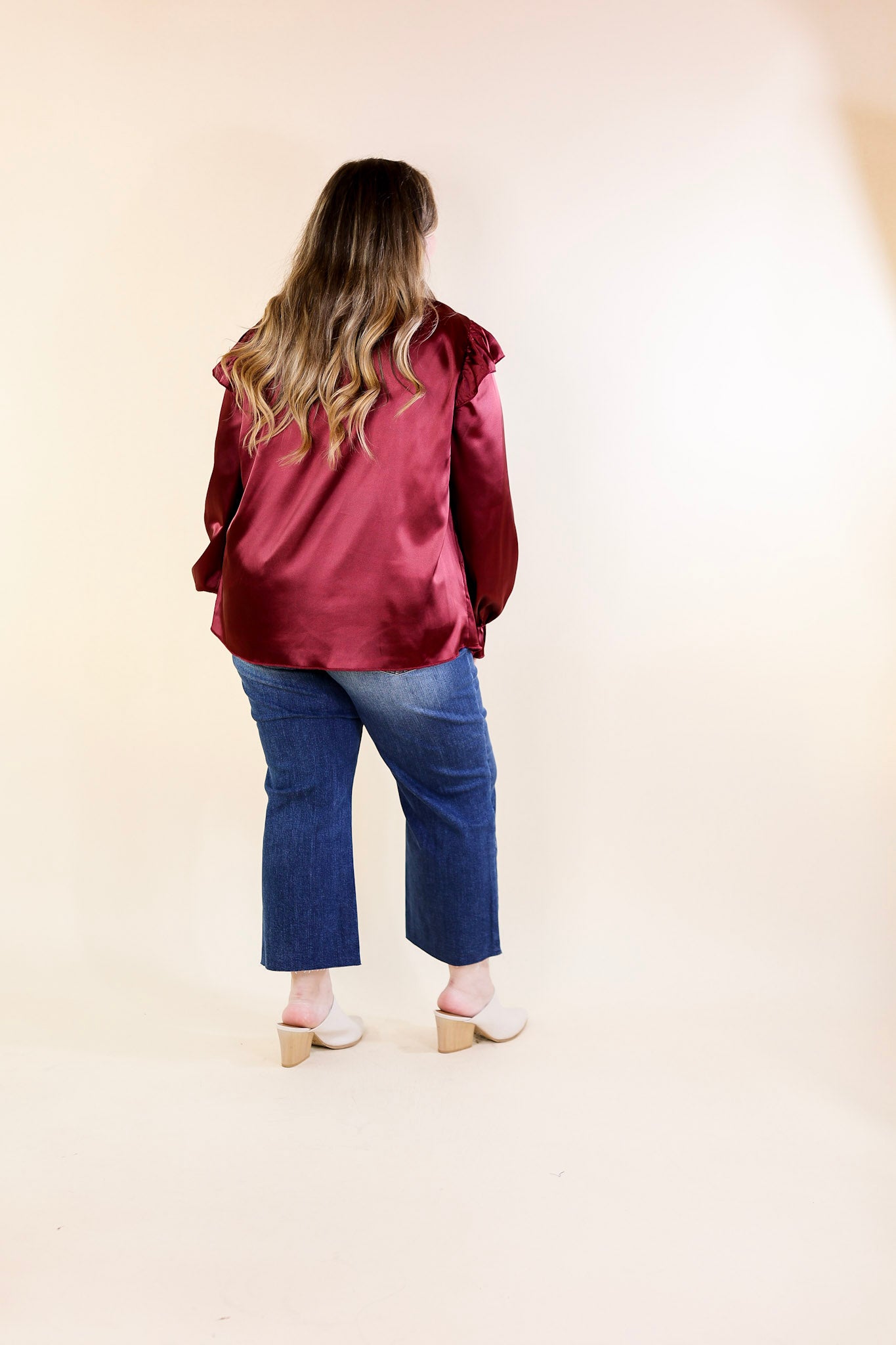 Can't Stop Me Ruffle Mock Neck Long Sleeve Satin Top in Maroon