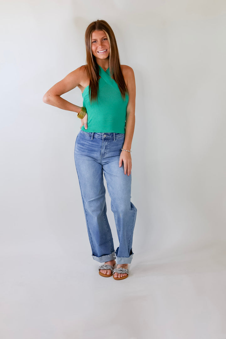 Talk To Me Crossed Strap Top in Green - Giddy Up Glamour Boutique