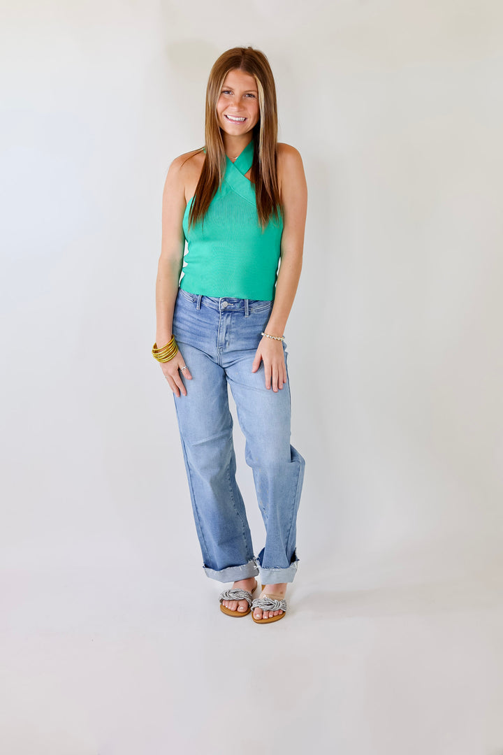 Talk To Me Crossed Strap Top in Green - Giddy Up Glamour Boutique