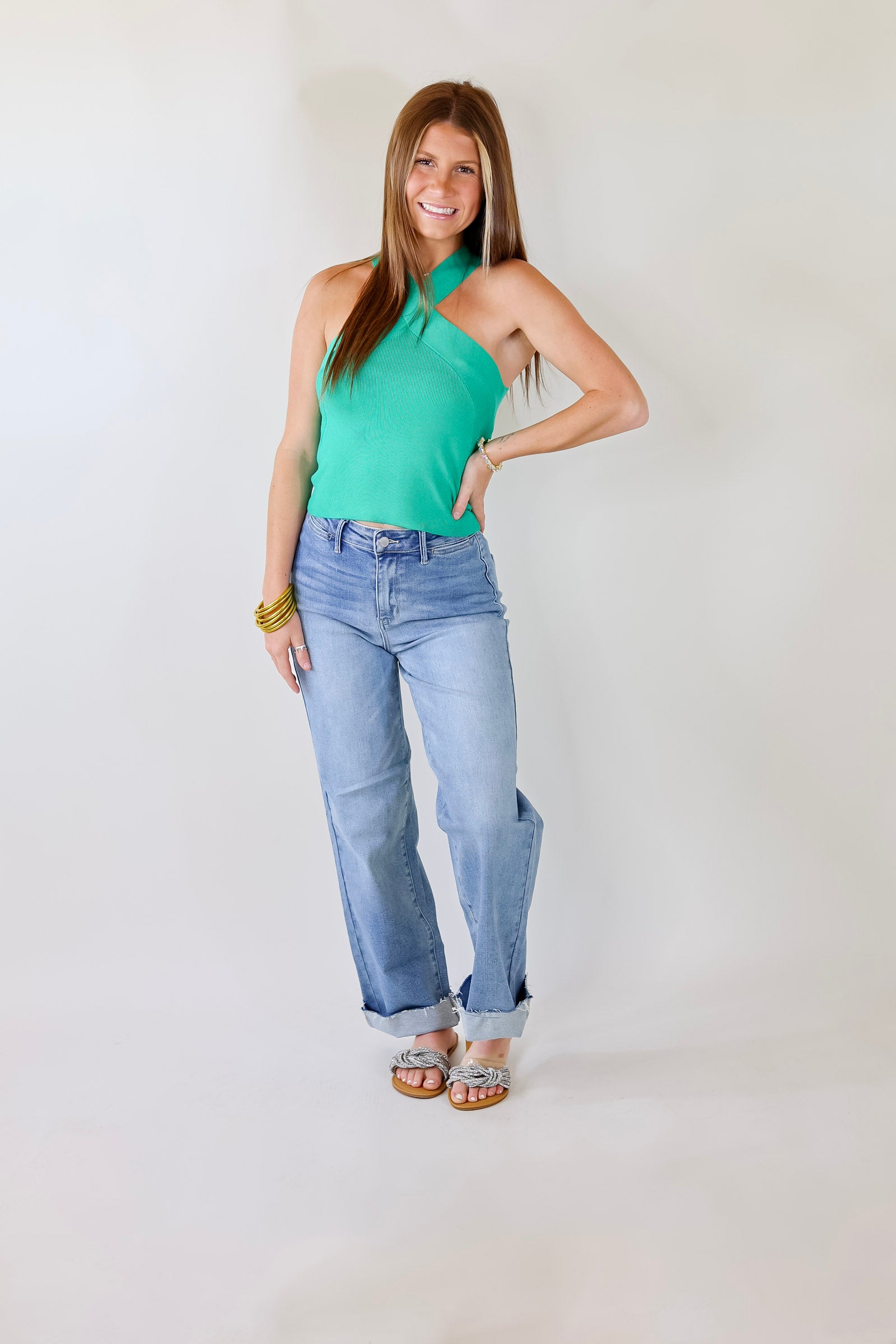 Talk To Me Crossed Strap Top in Green - Giddy Up Glamour Boutique