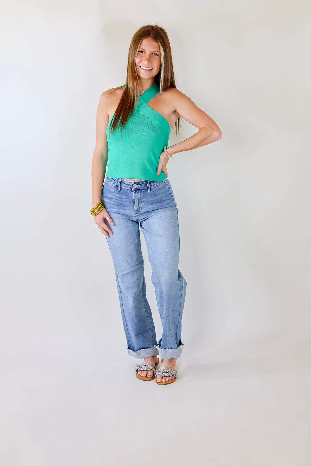 Talk To Me Crossed Strap Top in Green - Giddy Up Glamour Boutique