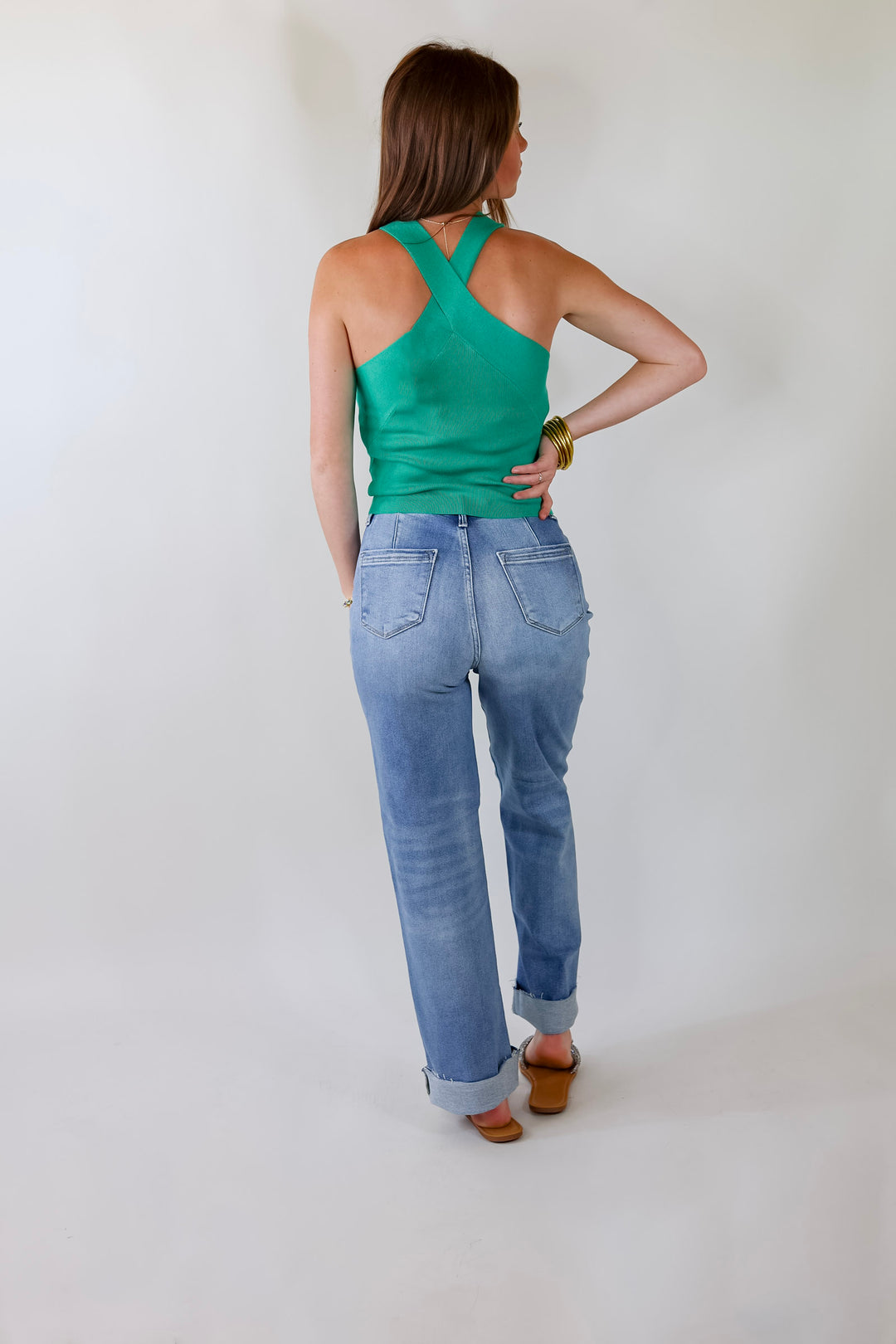 Talk To Me Crossed Strap Top in Green - Giddy Up Glamour Boutique