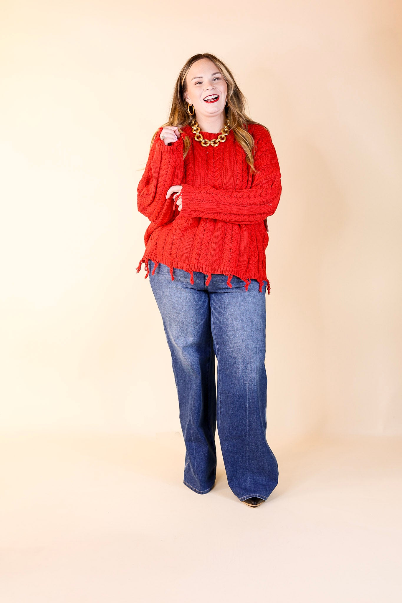 Ready Willing and Cable Knit Pullover Sweater with Frayed Hem in Red