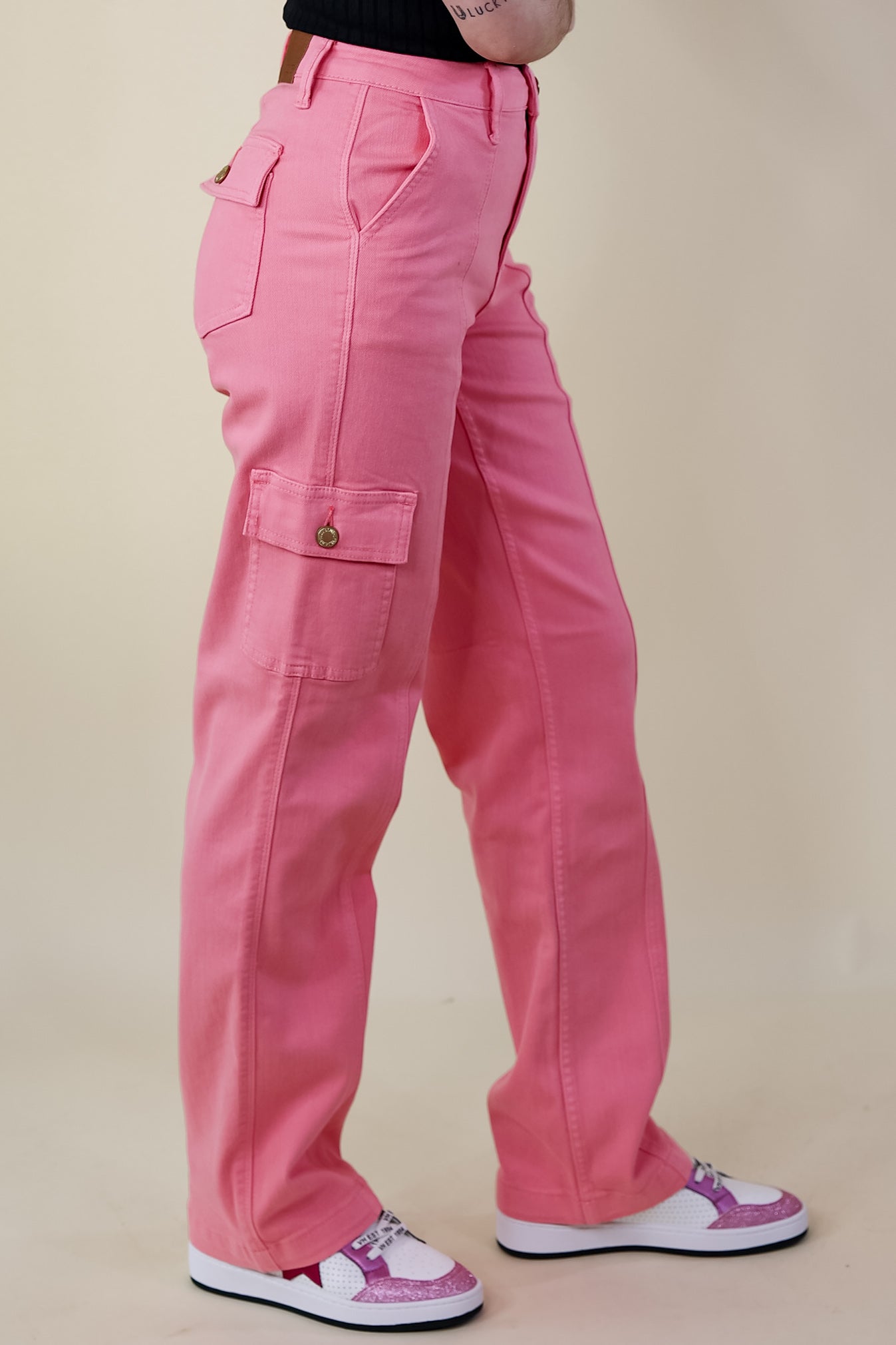 Washed Pink Foldover Waistband Cargo Jeans