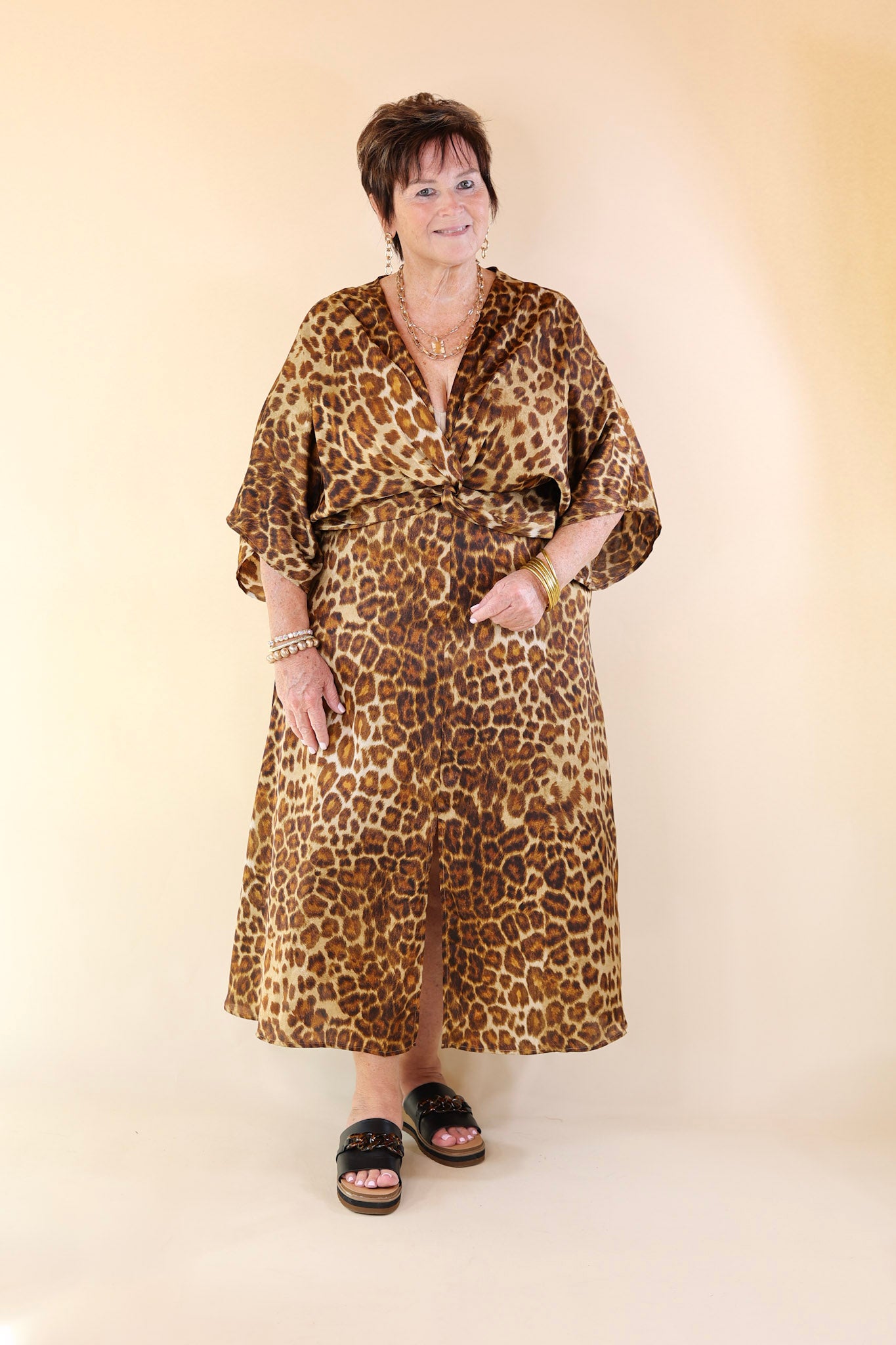 Take My Breath Away Front Knot Leopard Print Midi Dress in Brown