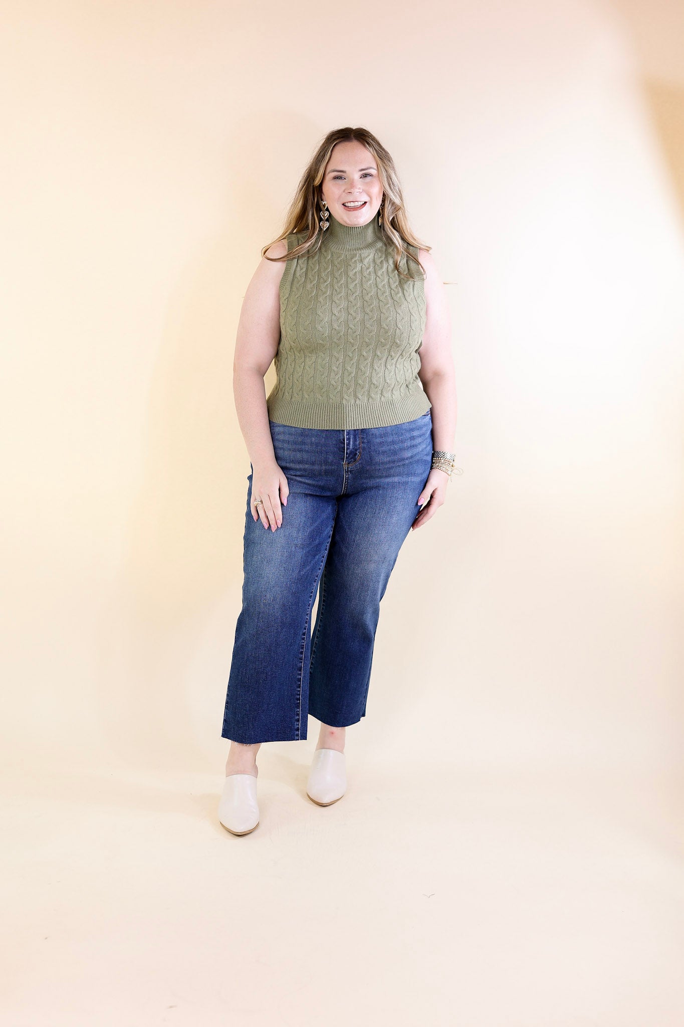 Cider Sips Cropped Sweater Tank Top with High Neck in Sage Green