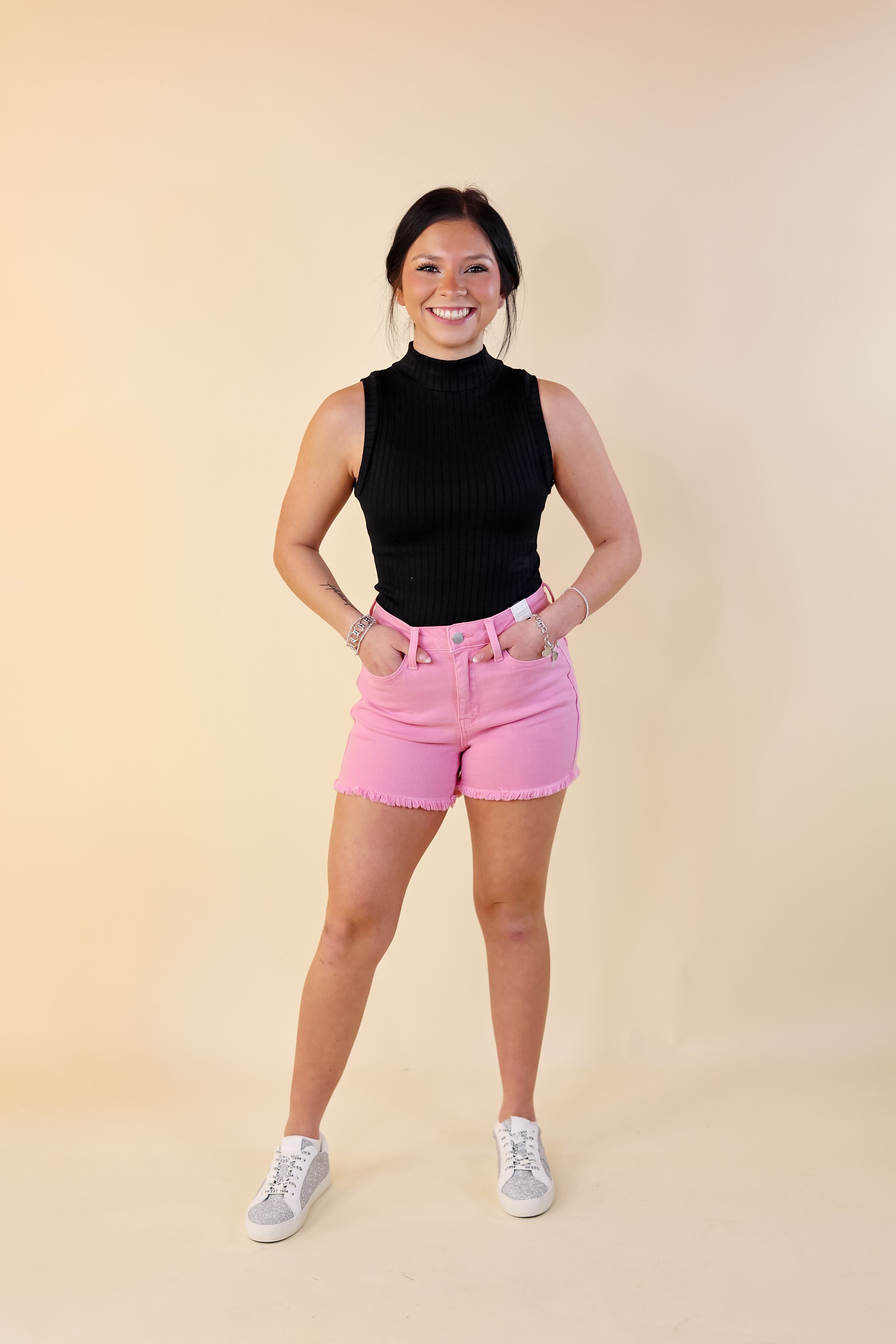Judy Blue | Sunlight Spectrum Garment Dyed Fray Hem Shorts in Light Pink Wash - Giddy Up Glamour Boutique
