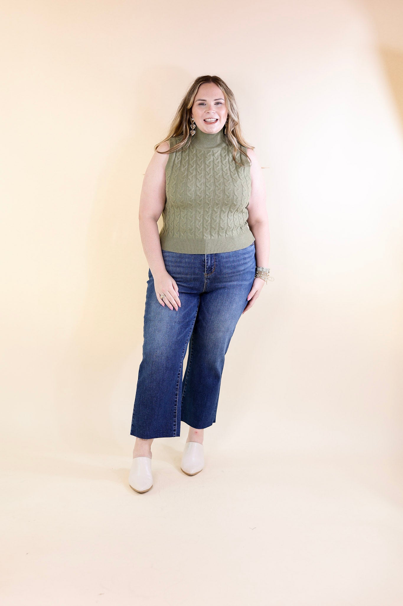 Cider Sips Cropped Sweater Tank Top with High Neck in Sage Green