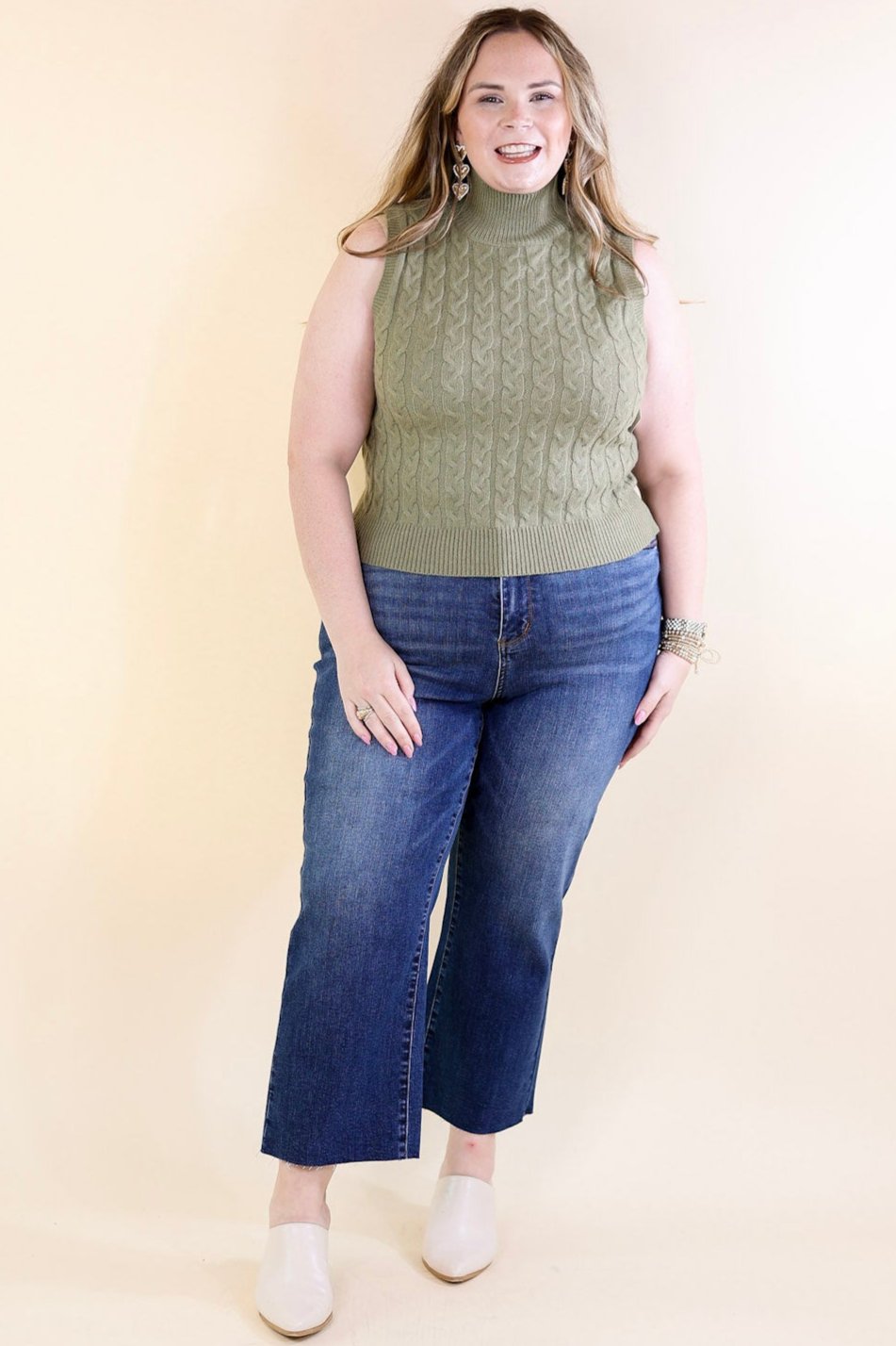 Cider Sips Cropped Sweater Tank Top with High Neck in Sage Green