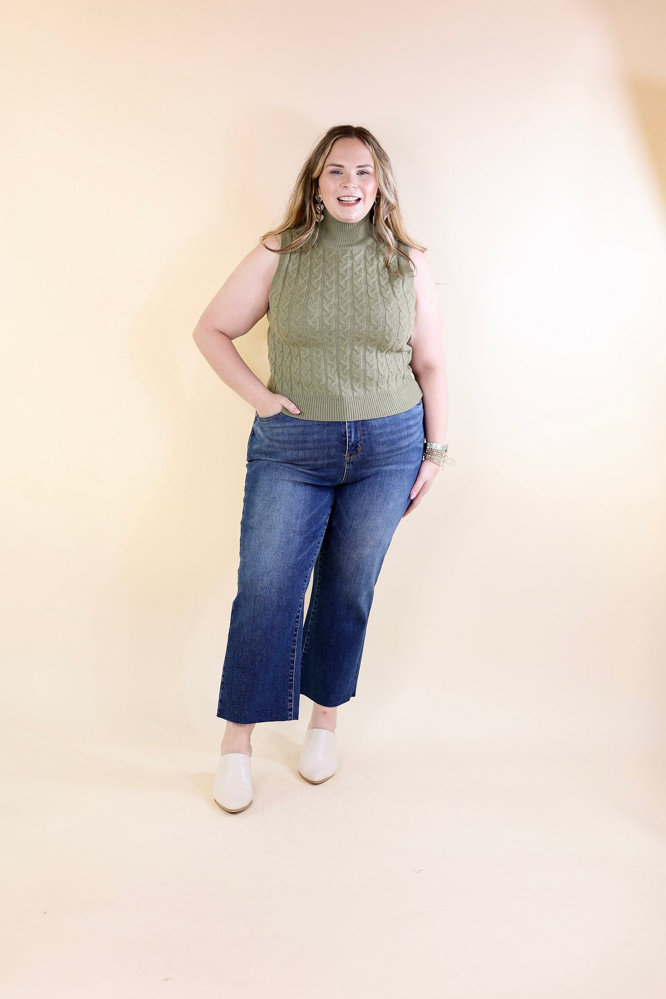 Cider Sips Cropped Sweater Tank Top with High Neck in Sage Green