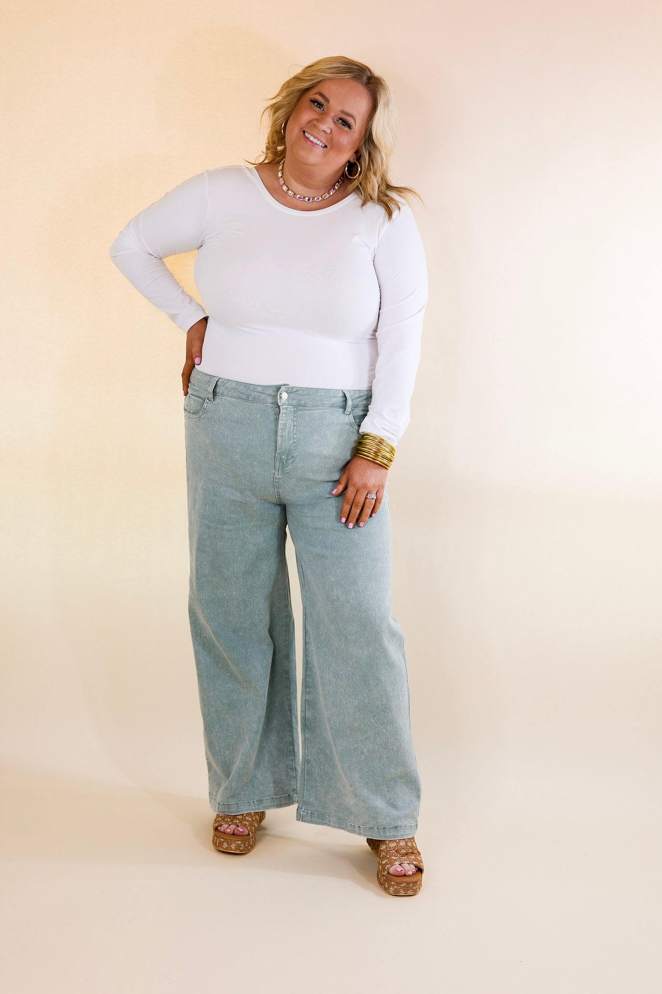 The Best Cropped Wide Leg Jeans in Seafoam Green - Giddy Up Glamour Boutique