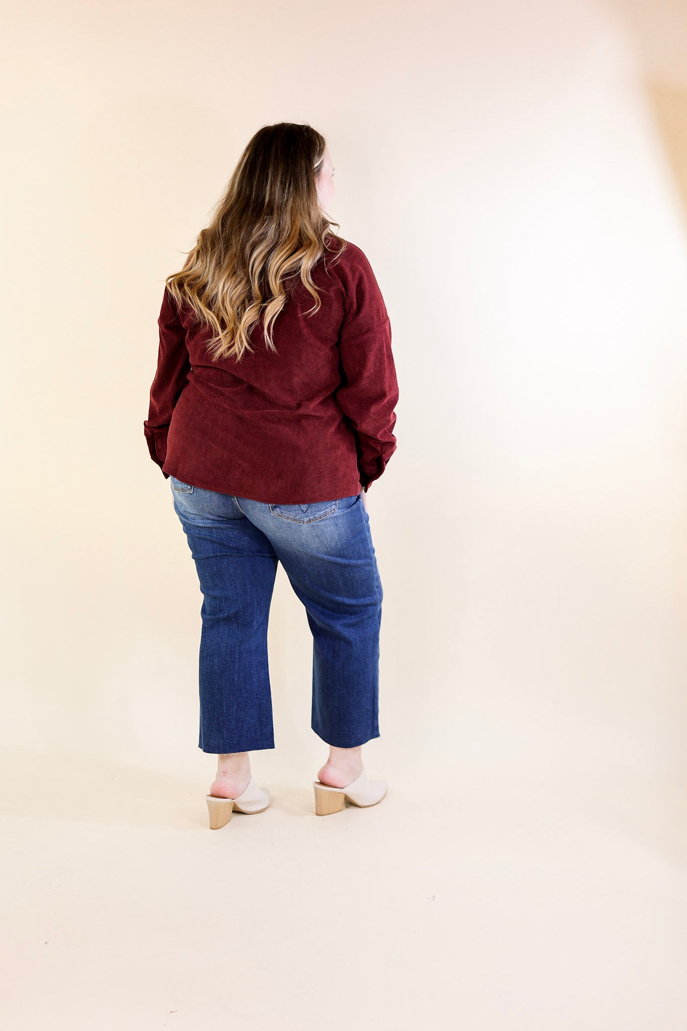 Captivating Cuteness Corduroy Button Up Shacket in Maroon