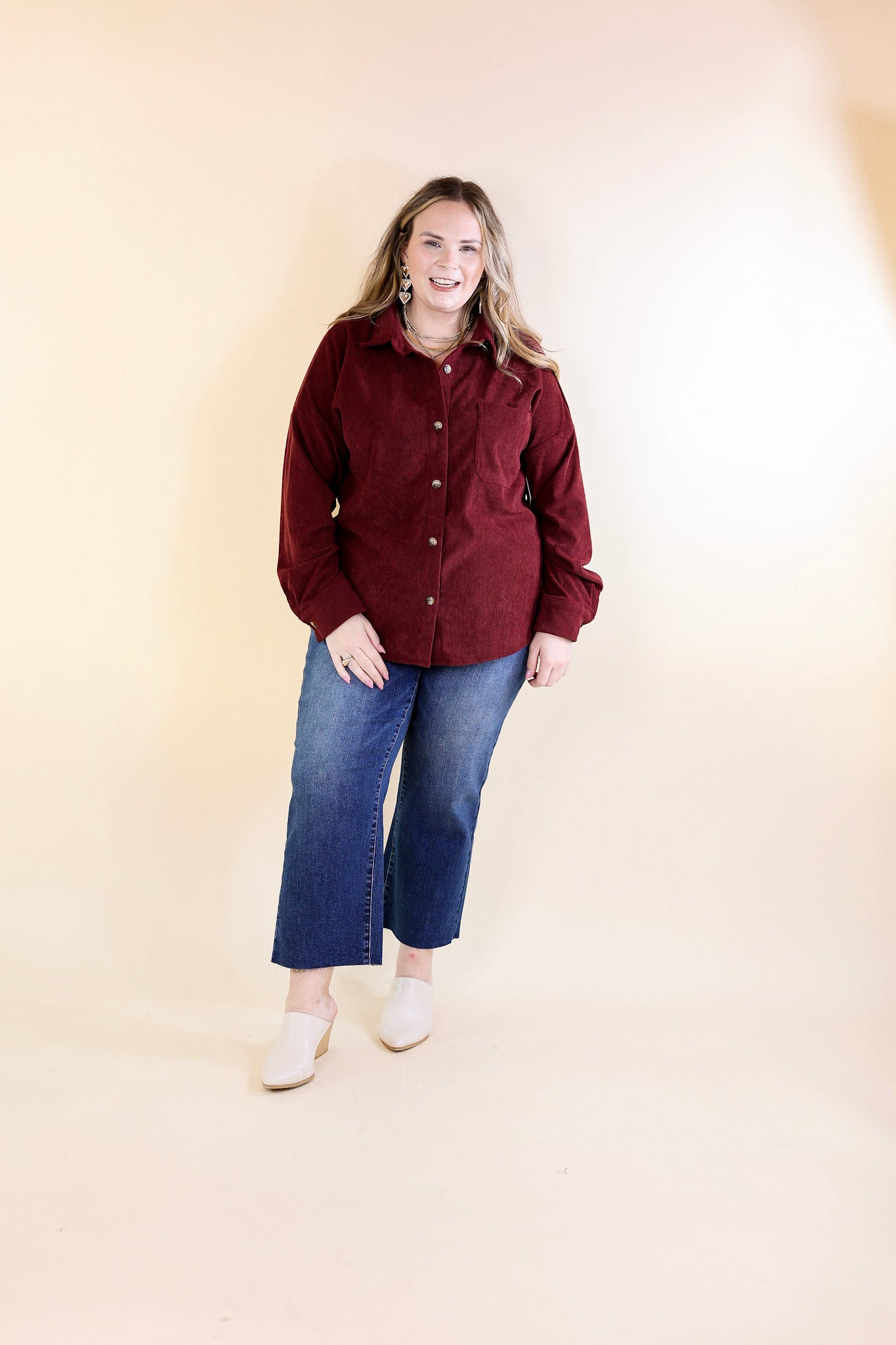 Captivating Cuteness Corduroy Button Up Shacket in Maroon