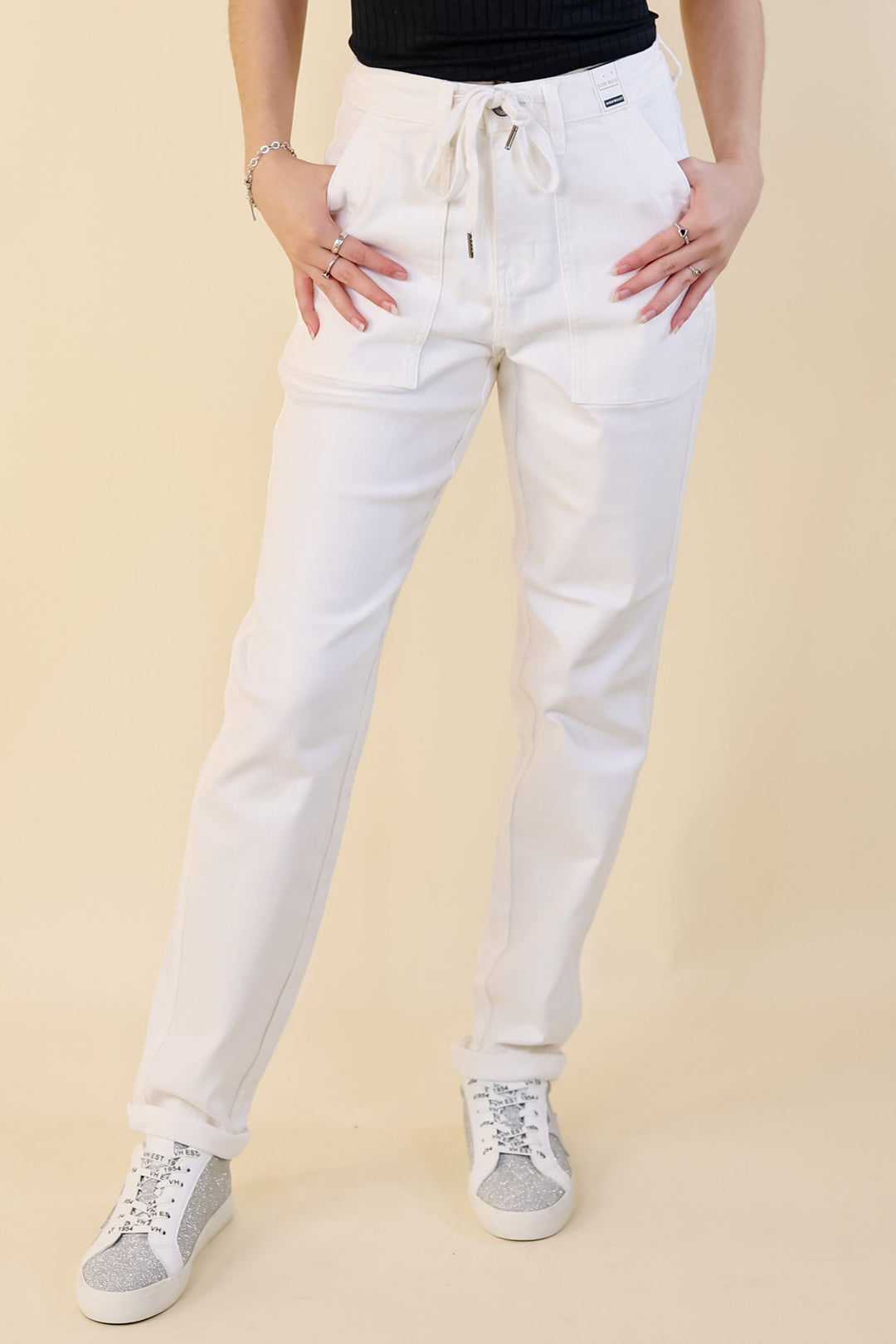 Judy Blue | Keep It A Secret Relaxed Pull on Jean Joggers with Cuffed Hem in White Wash - Giddy Up Glamour Boutique