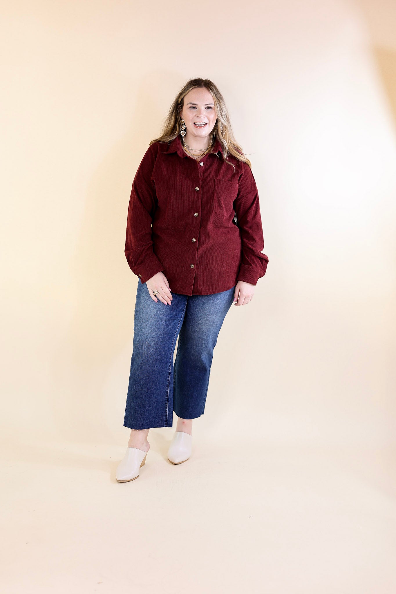 Captivating Cuteness Corduroy Button Up Shacket in Maroon