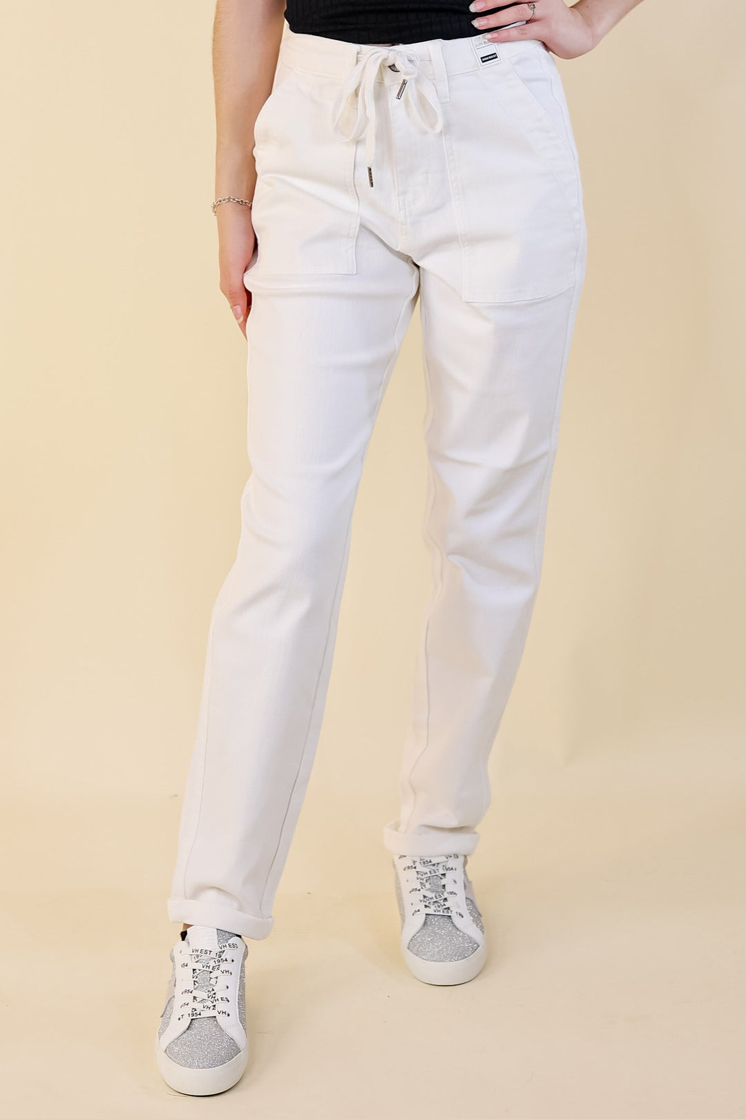 Judy Blue | Keep It A Secret Relaxed Pull on Jean Joggers with Cuffed Hem in White Wash - Giddy Up Glamour Boutique