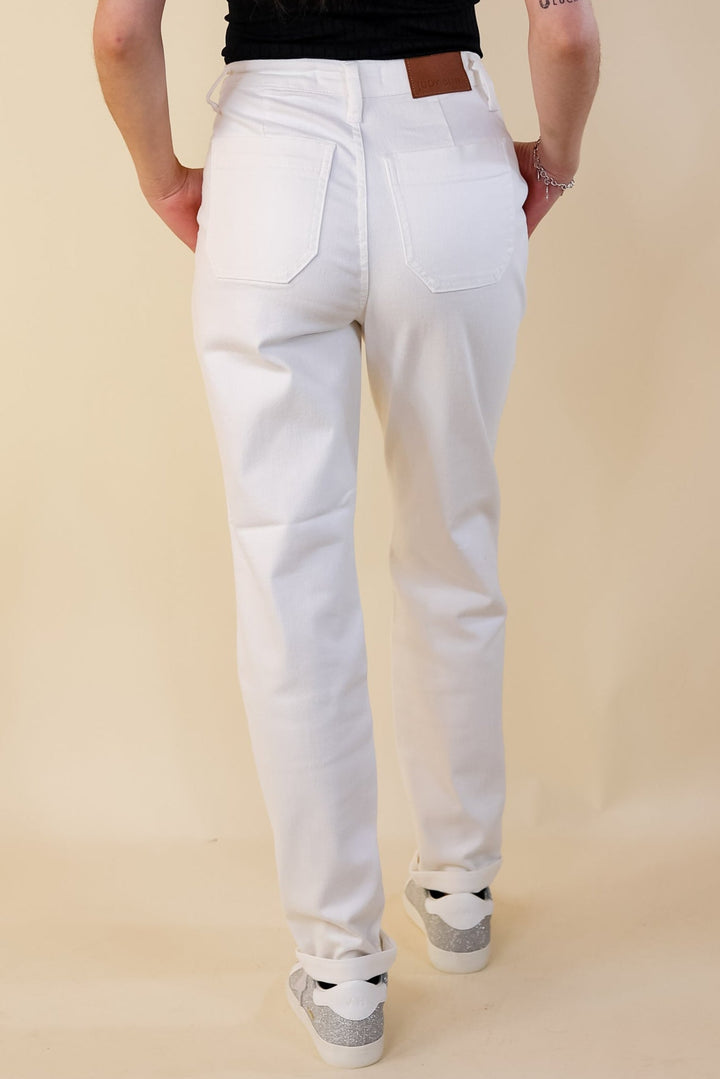 Judy Blue | Keep It A Secret Relaxed Pull on Jean Joggers with Cuffed Hem in White Wash - Giddy Up Glamour Boutique