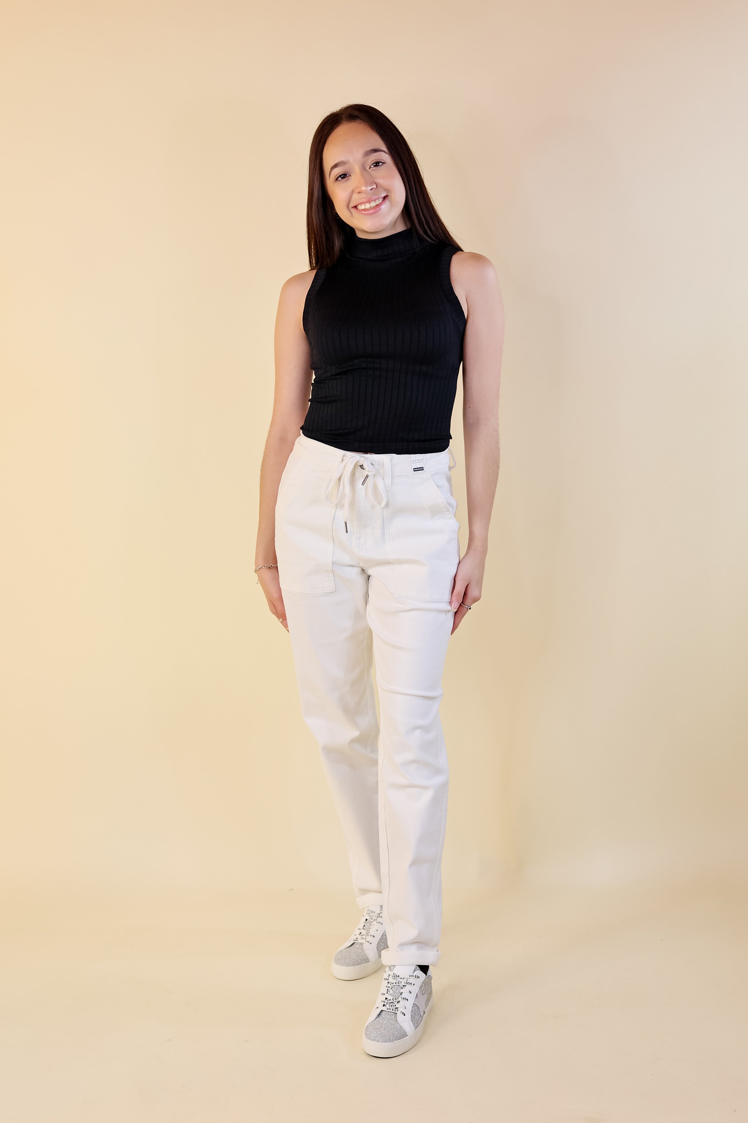 Judy Blue | Keep It A Secret Relaxed Pull on Jean Joggers with Cuffed Hem in White Wash - Giddy Up Glamour Boutique
