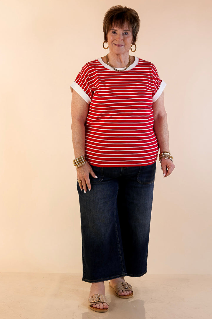 Right on Repeat Scoop Neck Cap Sleeve with Contrast Trim Striped Tee Top in Red