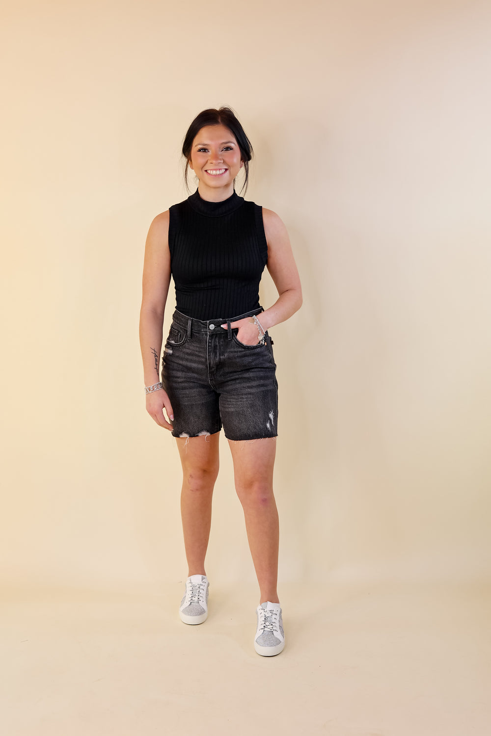 Judy Blue | Everyday Ease Rigid Magic Mid Thigh Raw Hem Shorts in Black Wash - Giddy Up Glamour Boutique