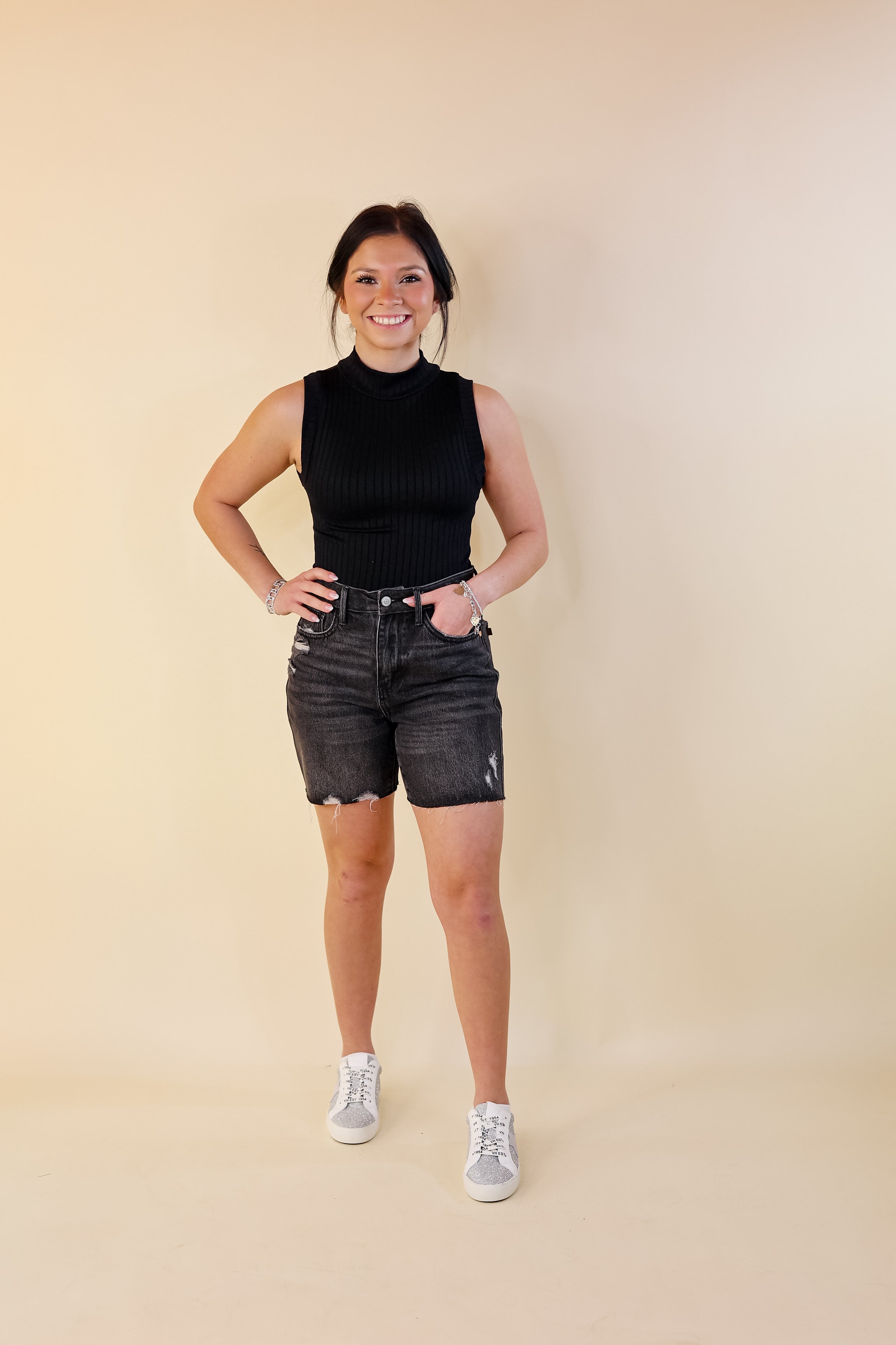 Judy Blue | Everyday Ease Rigid Magic Mid Thigh Raw Hem Shorts in Black Wash - Giddy Up Glamour Boutique
