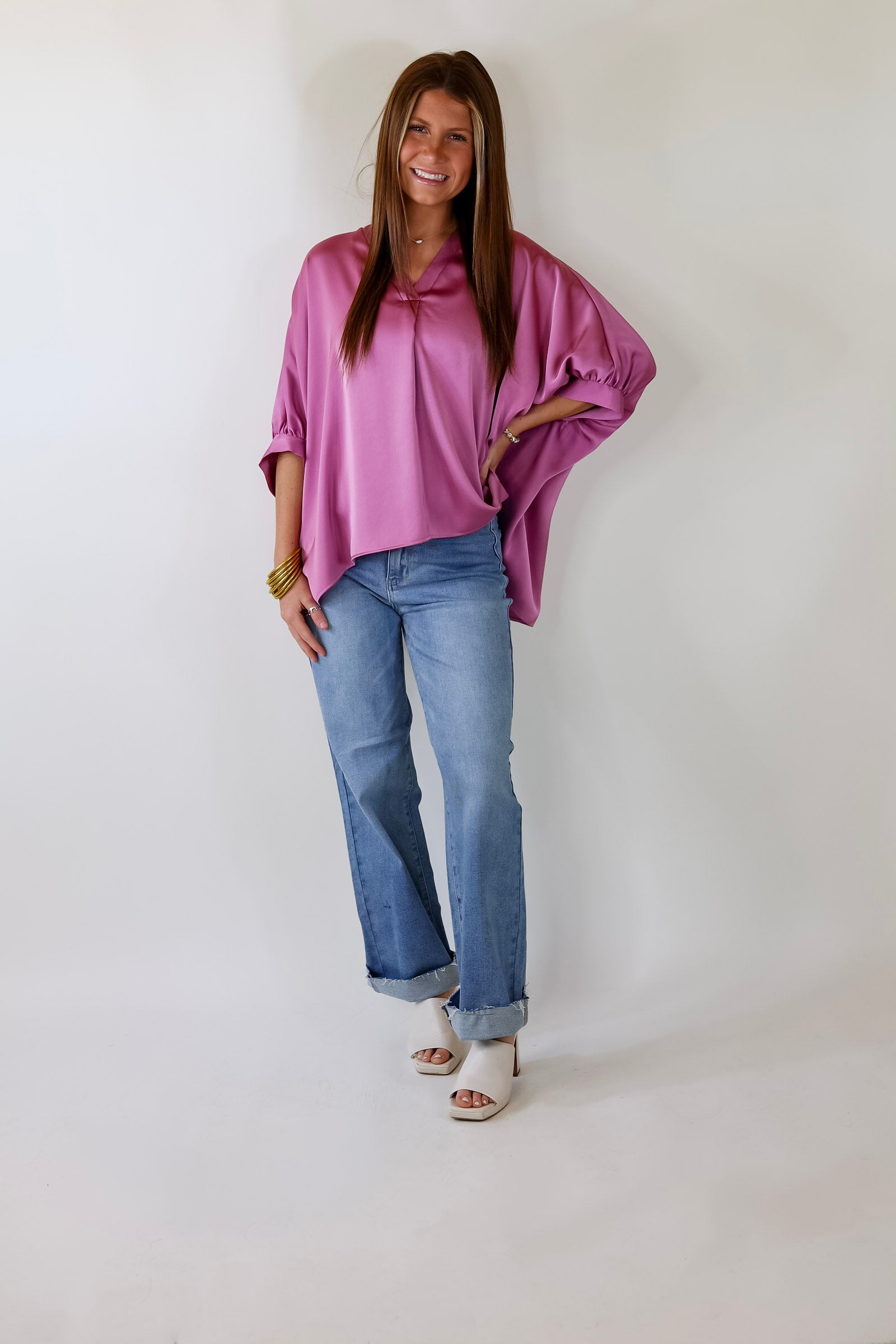 Irresistibly Chic Half Sleeve Oversized Blouse in Mauve Purple - Giddy Up Glamour Boutique