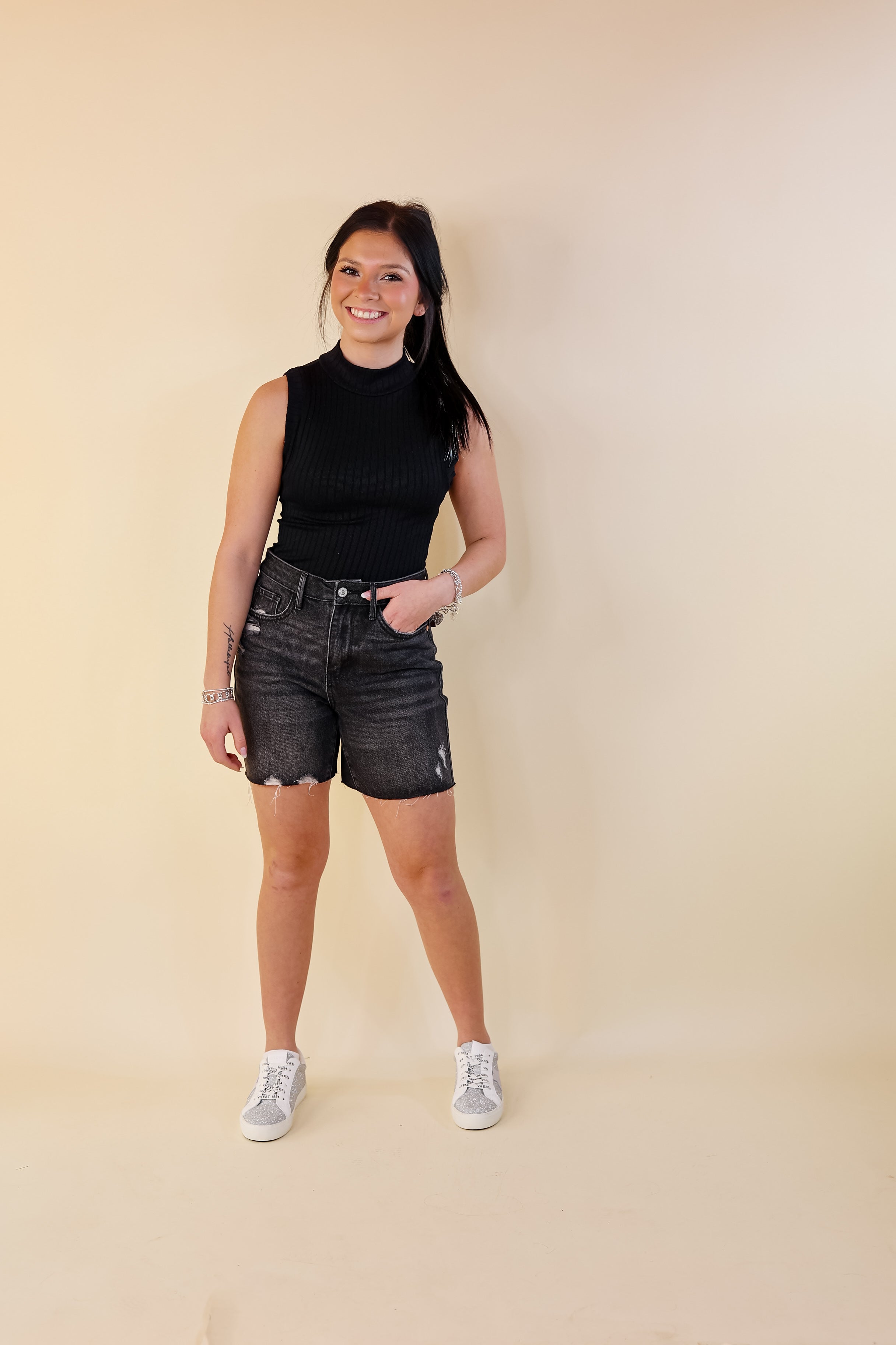 Judy Blue | Everyday Ease Rigid Magic Mid Thigh Raw Hem Shorts in Black Wash - Giddy Up Glamour Boutique