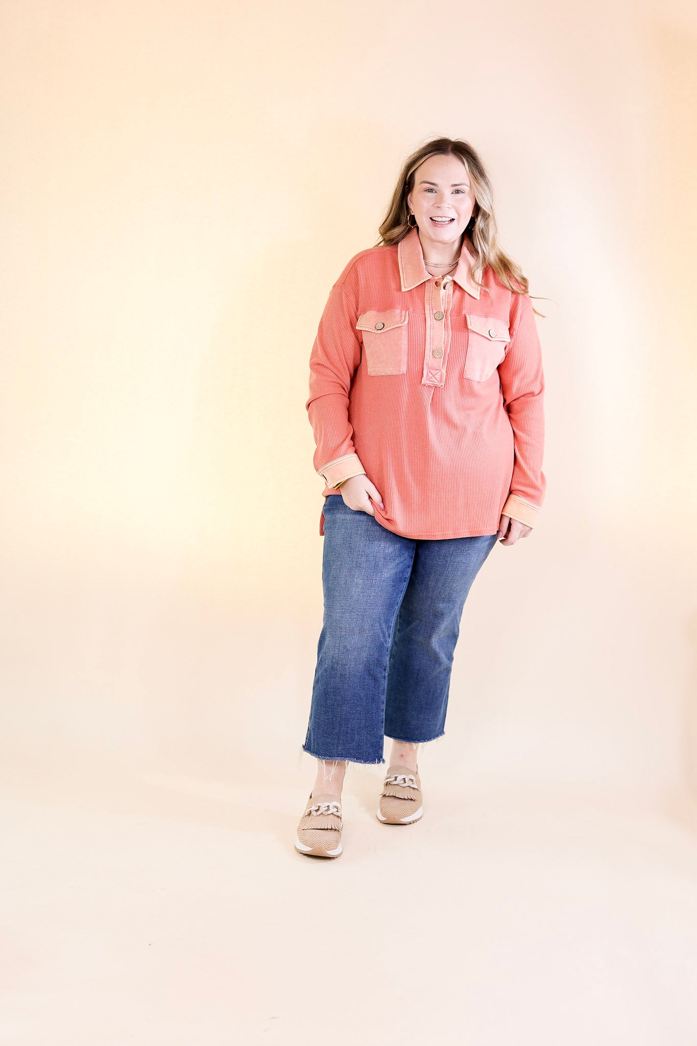 Cozy Welcome Waffle Knit Collared Top with Long Sleeves in Coral Orange