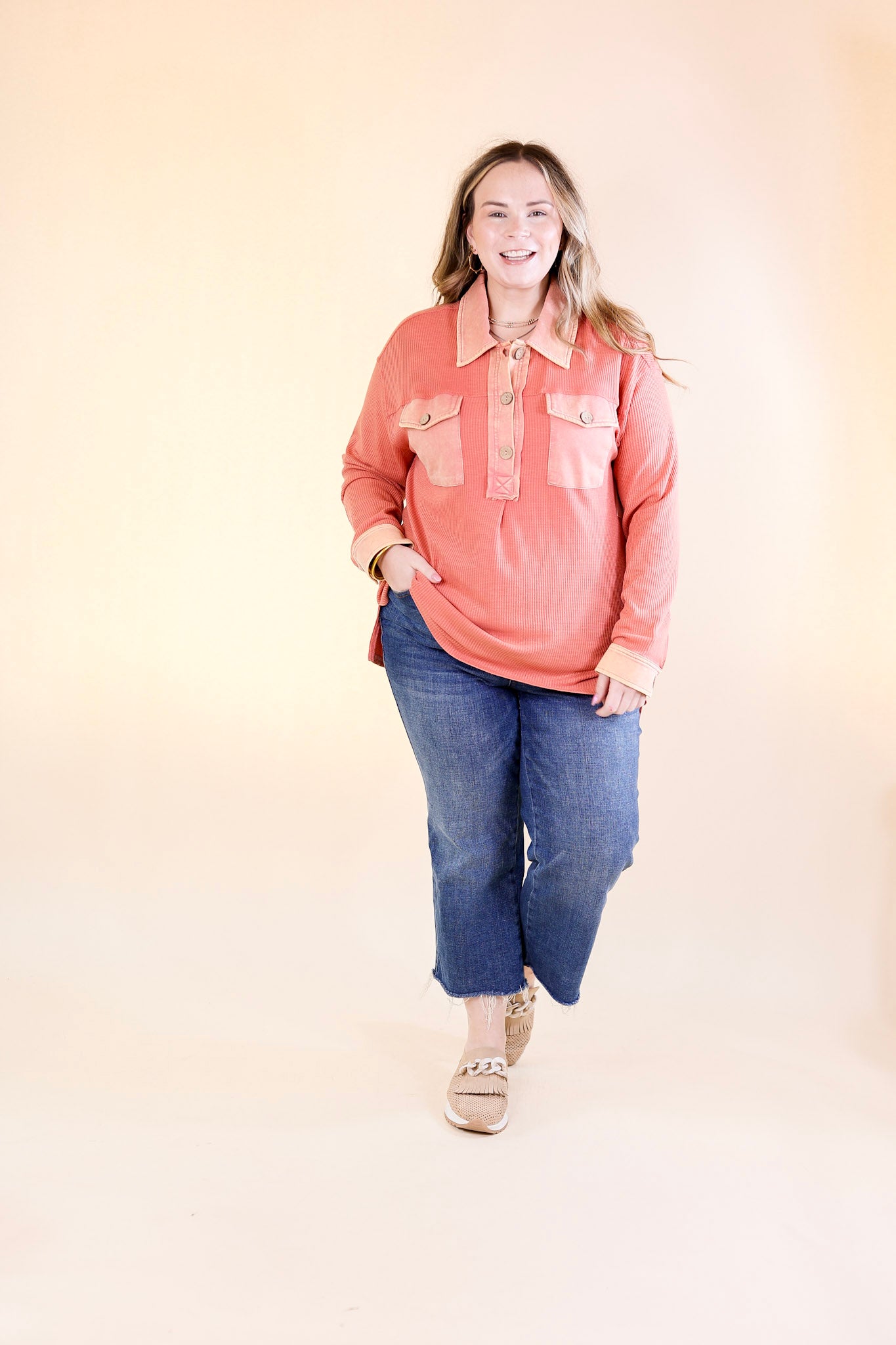 Cozy Welcome Waffle Knit Collared Top with Long Sleeves in Coral Orange