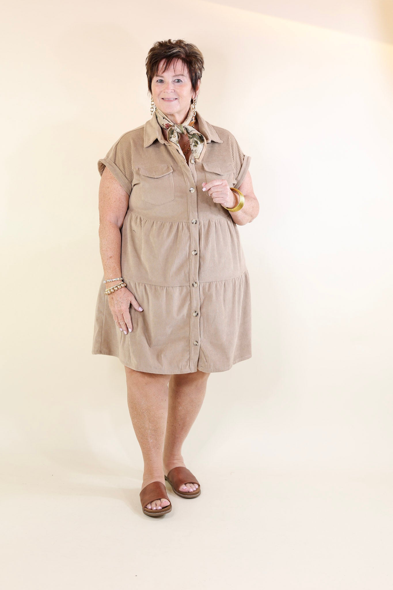 Latest Obsession Button Up Corduroy Dress in Taupe