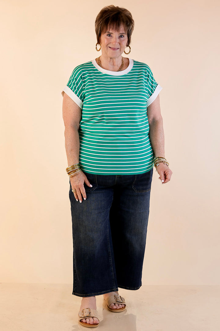 Right on Repeat Scoop Neck Cap Sleeve with Contrast Trim Striped Tee Top in Kelly Green