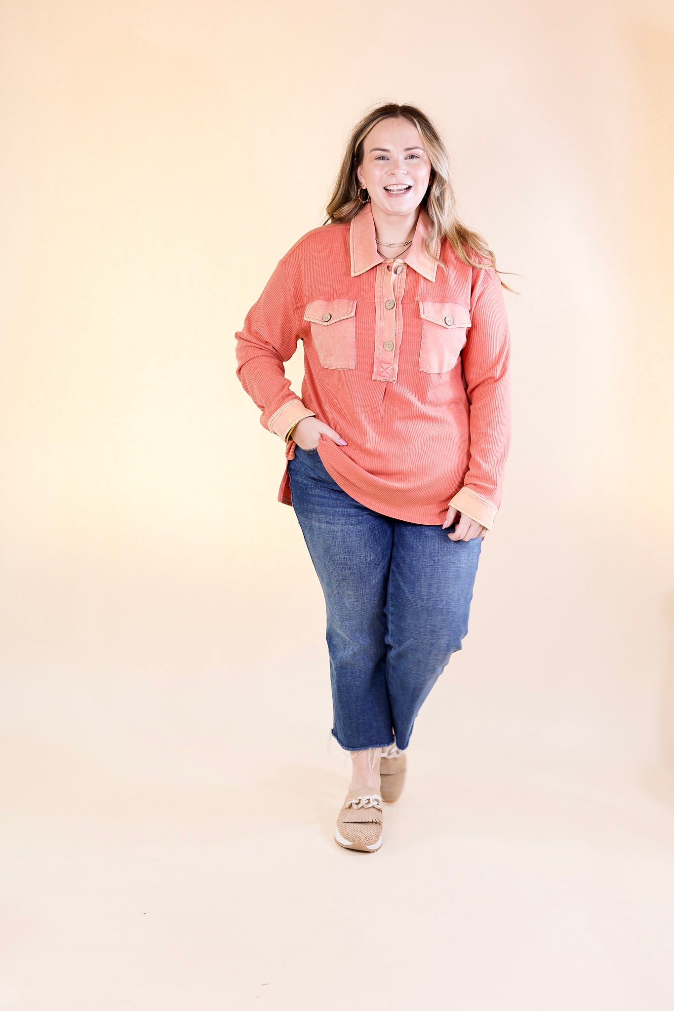 Cozy Welcome Waffle Knit Collared Top with Long Sleeves in Coral Orange