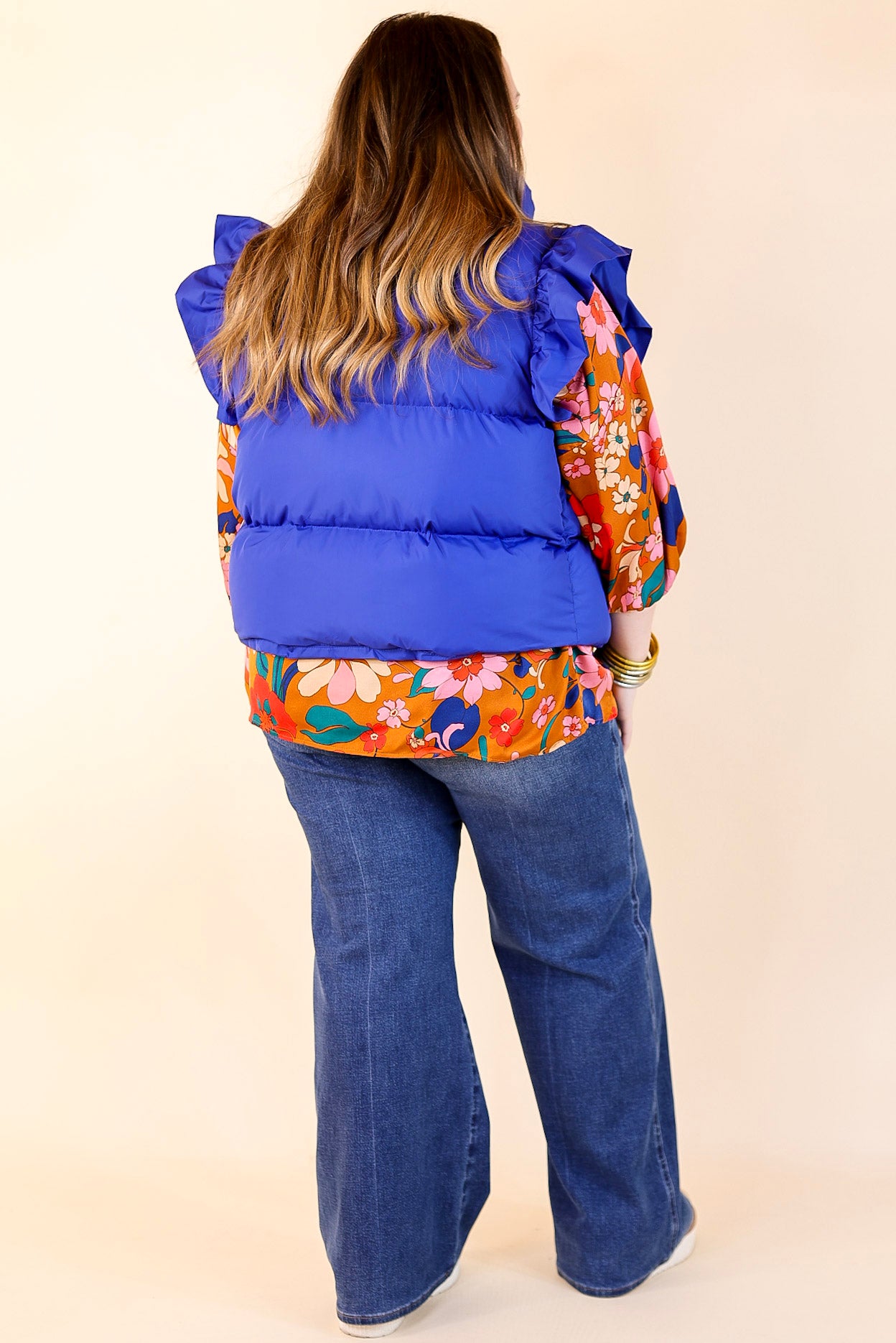 All Season Long Ruffle Sleeve Puffer Vest in Royal Blue