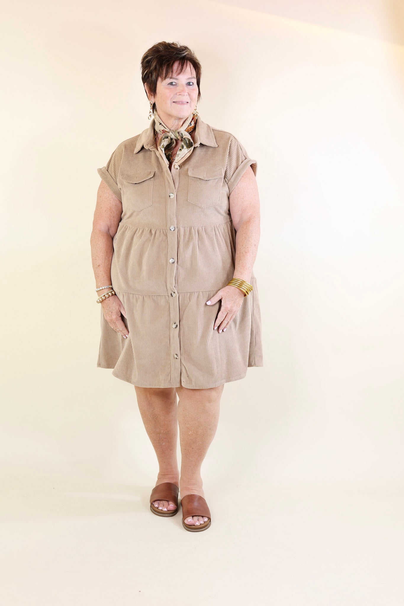 Latest Obsession Button Up Corduroy Dress in Taupe