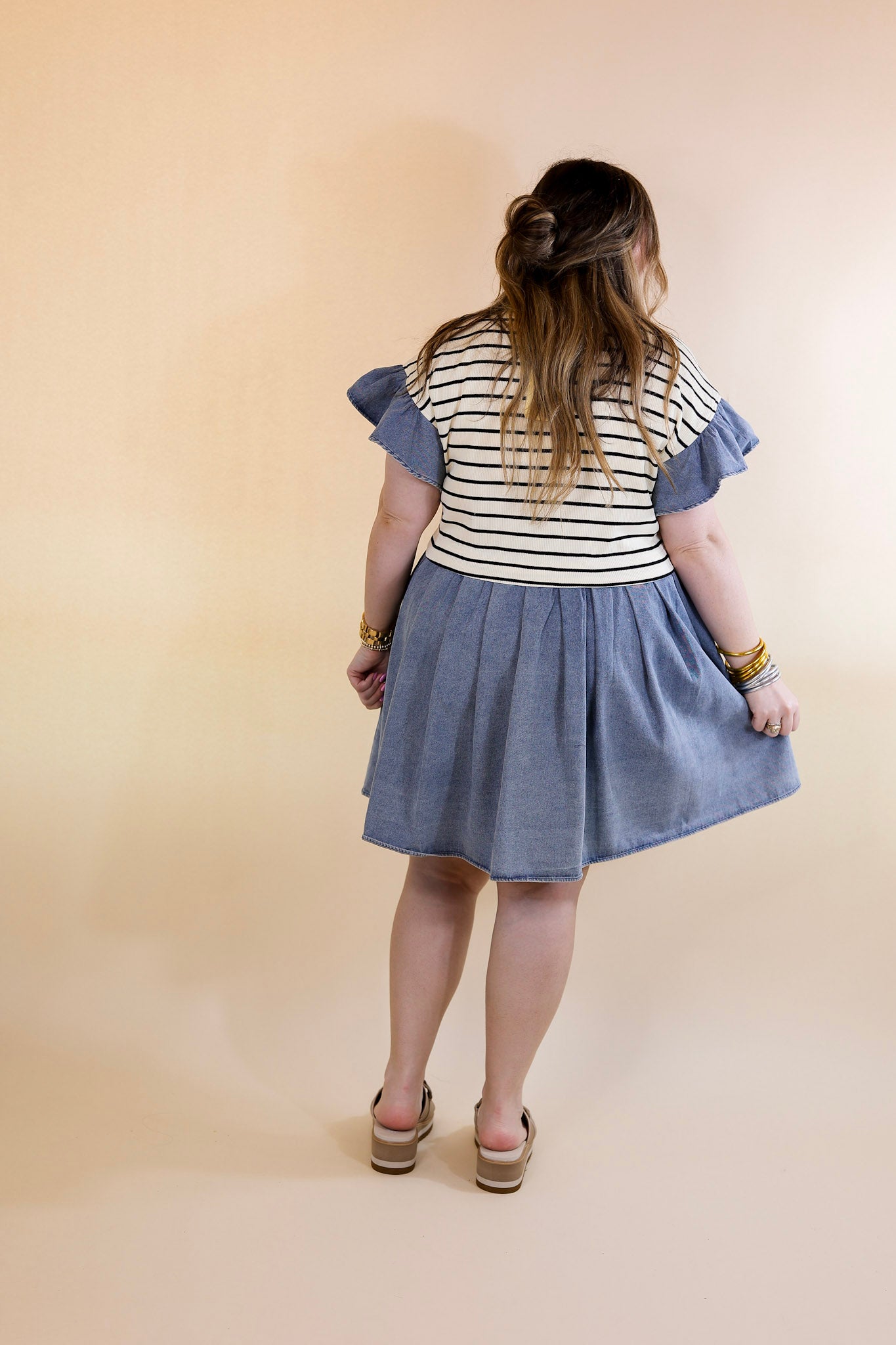 Denim Duo Striped Dress in Cream and Black with Denim - Giddy Up Glamour Boutique