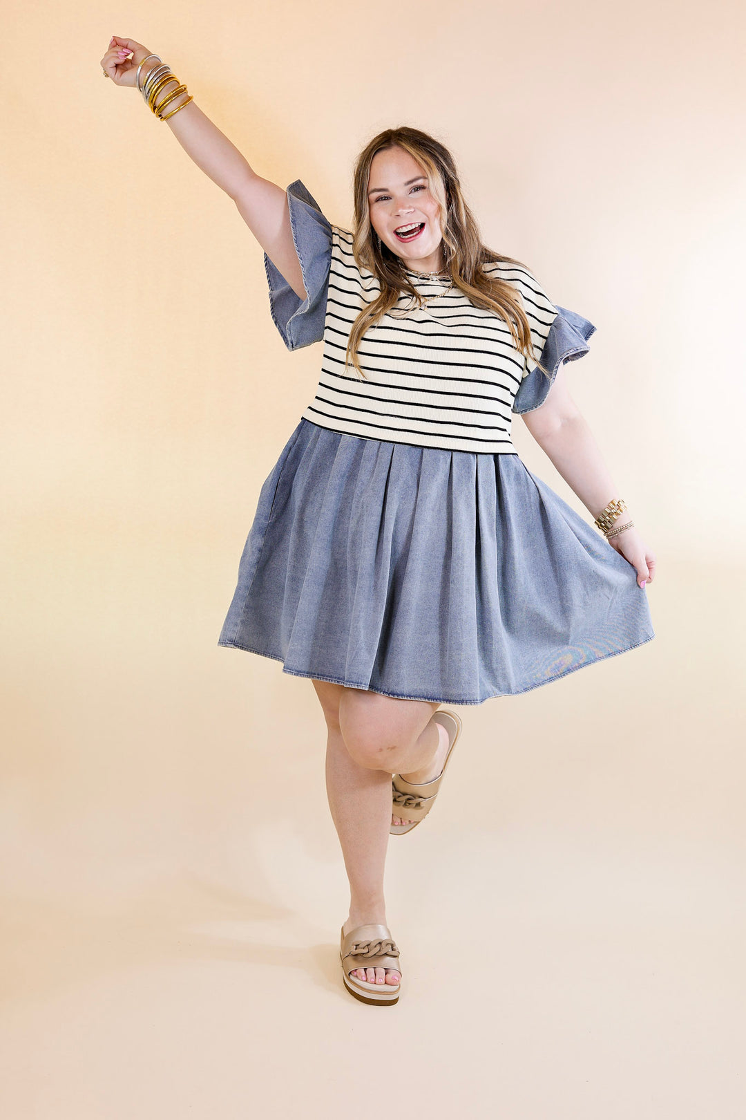 Denim Duo Striped Dress in Cream and Black with Denim - Giddy Up Glamour Boutique
