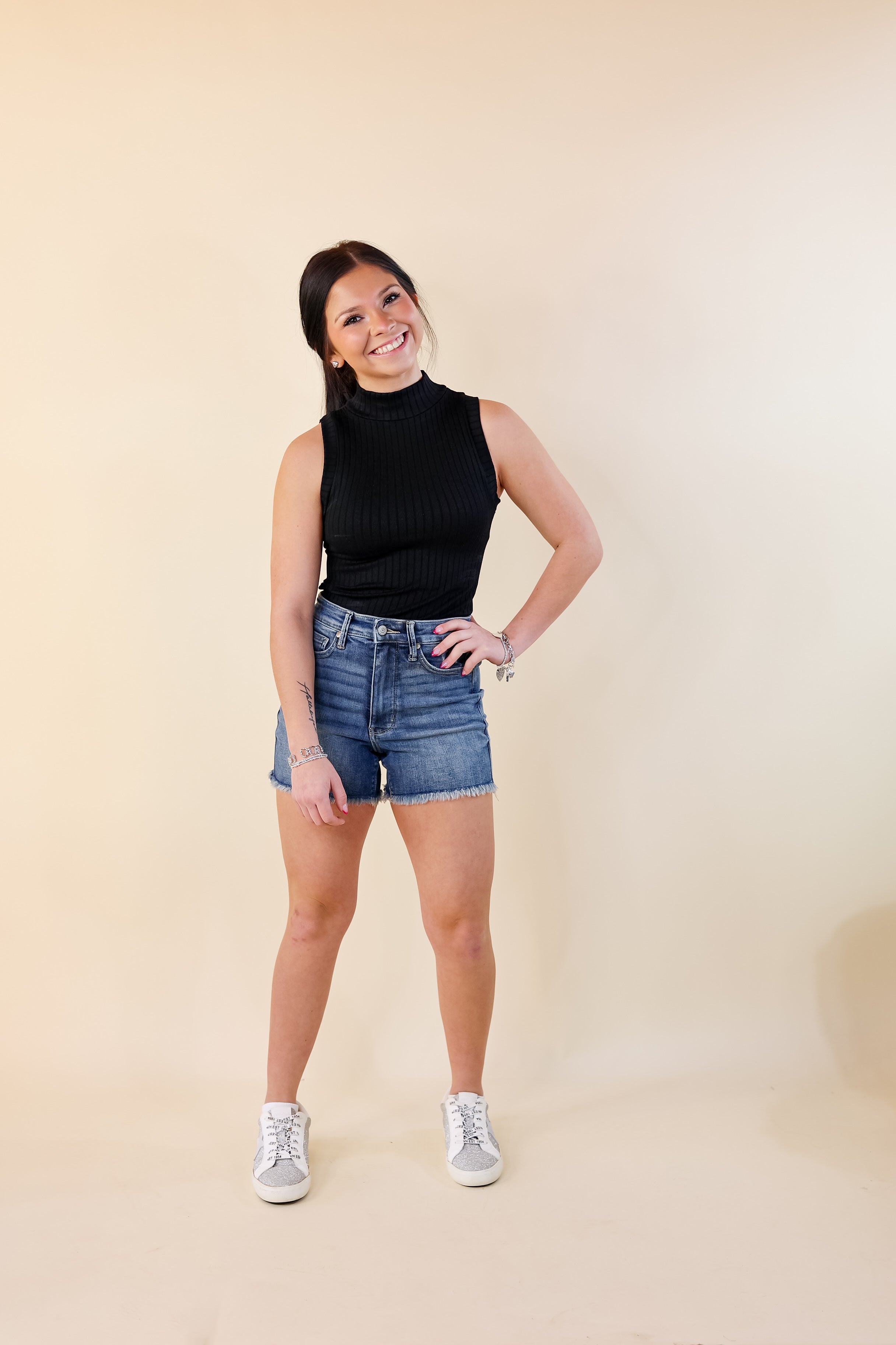 Judy Blue | Sunny Stride Rigid Tummy Control Fray Hem Shorts in Medium Wash - Giddy Up Glamour Boutique
