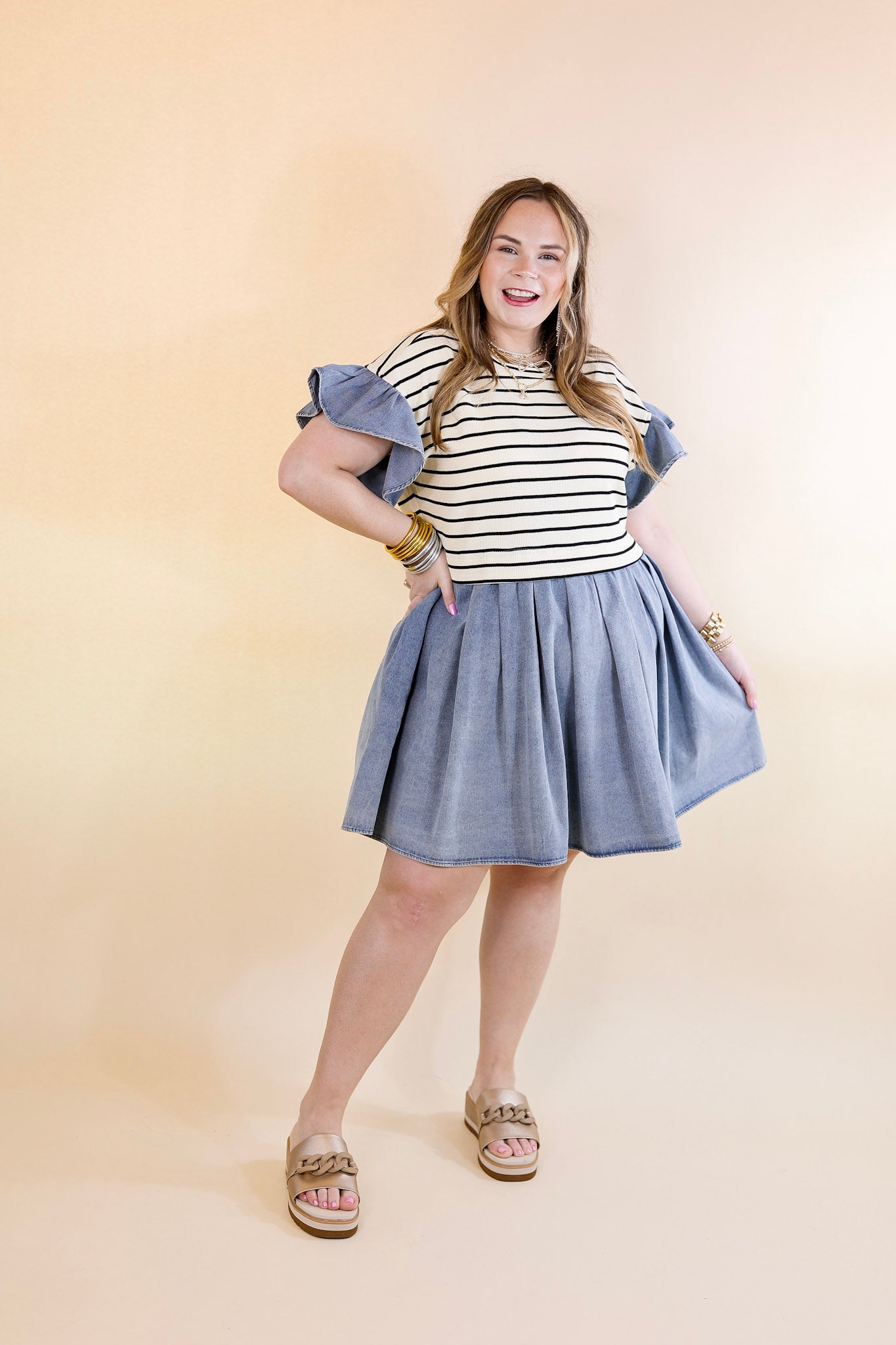 Denim Duo Striped Dress in Cream and Black with Denim - Giddy Up Glamour Boutique