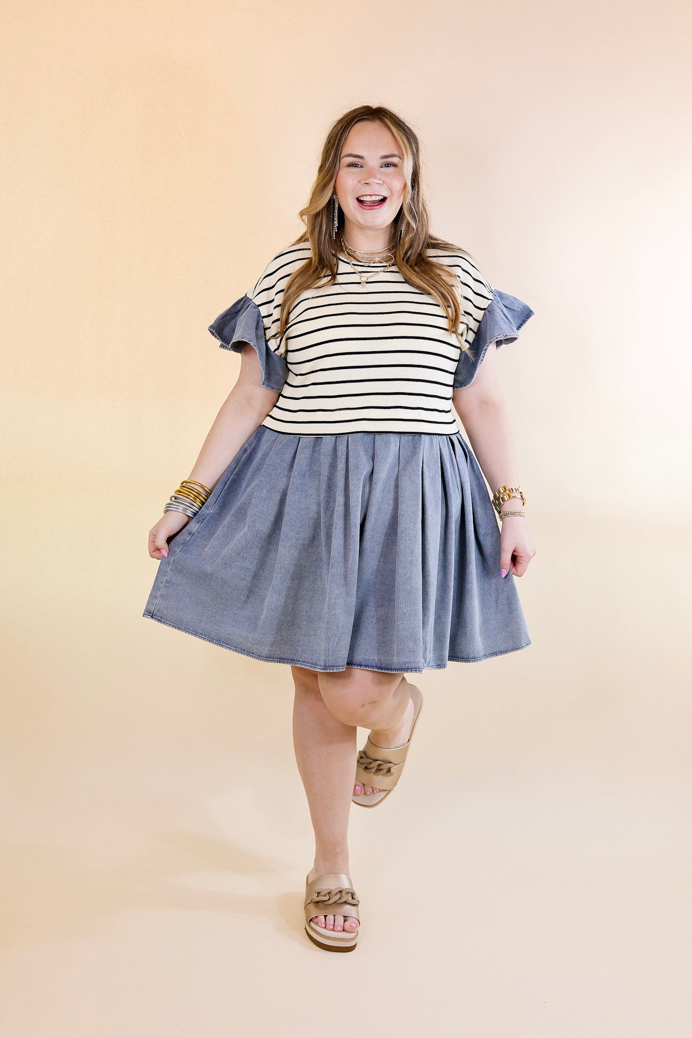 Denim Duo Striped Dress in Cream and Black with Denim - Giddy Up Glamour Boutique