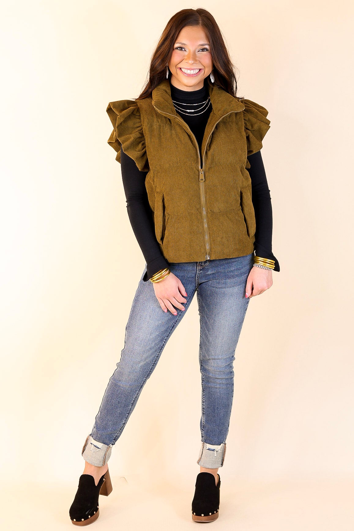 Winter Wanderlust Corduroy Puffer Vest with Ruffle Sleeves in Olive Green