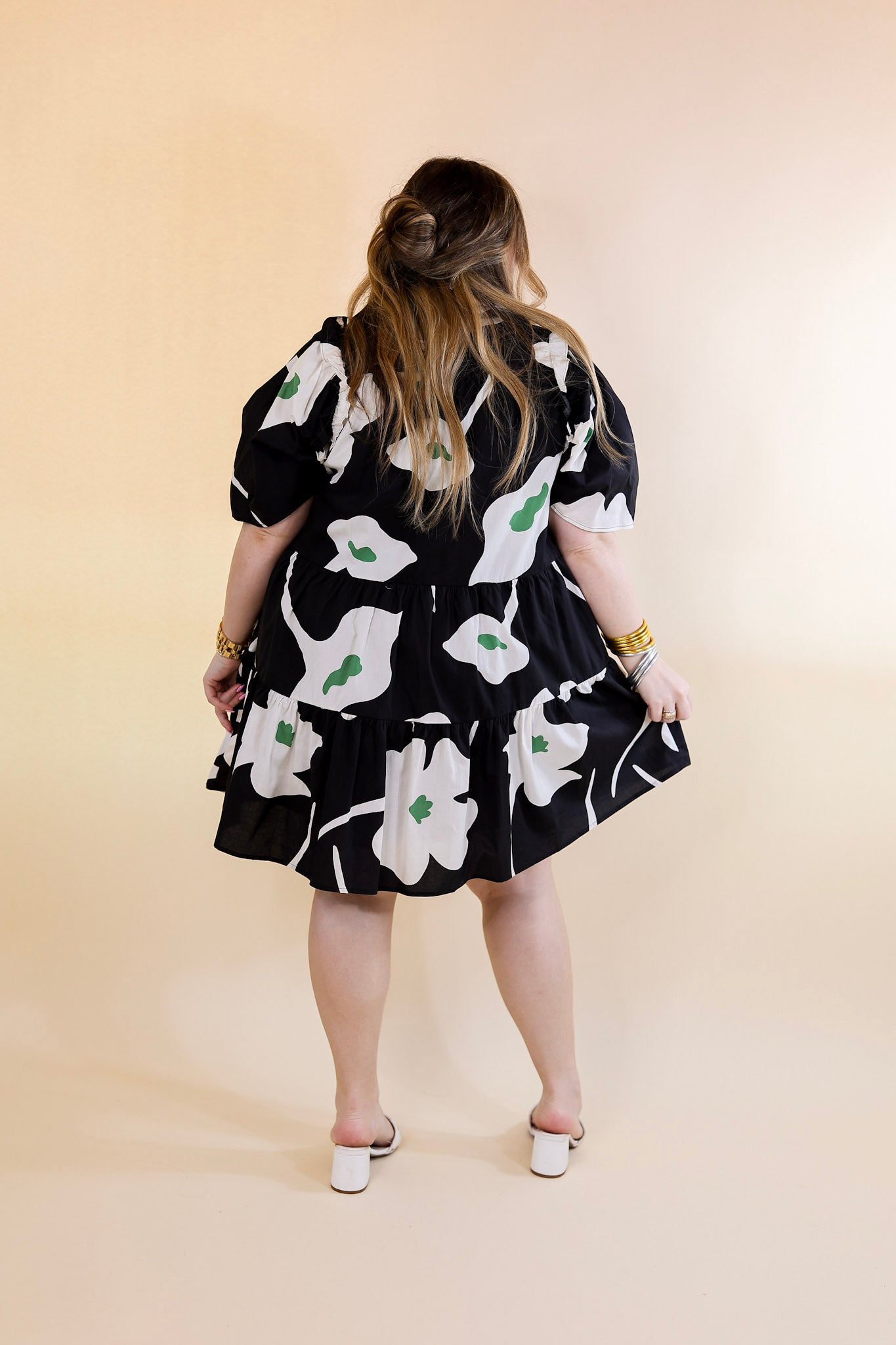 Dreamy Delight Floral Print Button Down Dress with Puff Sleeves in Black - Giddy Up Glamour Boutique