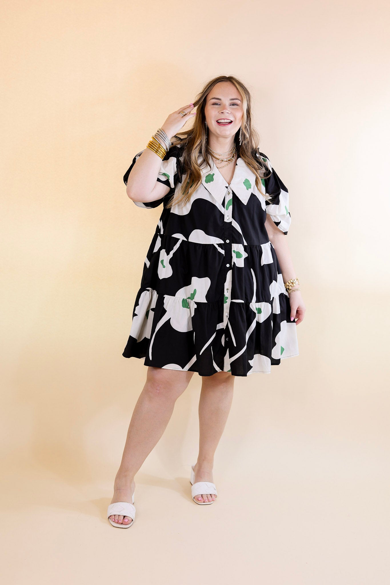 Dreamy Delight Floral Print Button Down Dress with Puff Sleeves in Black - Giddy Up Glamour Boutique